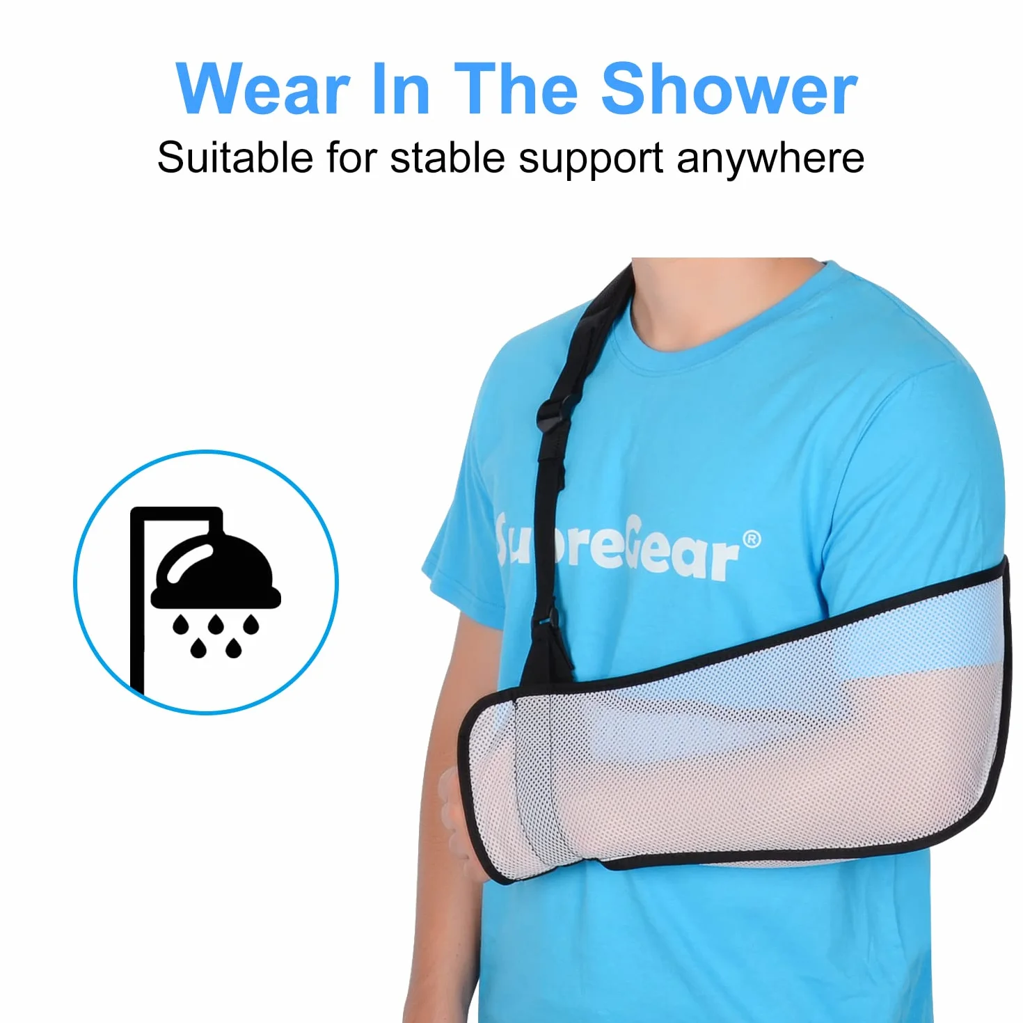 supregear Siatkowa chusta na ramię, regulowana, lekka, wygodna chusta na ramię, immobilizer, oddychająca, lewe ramię, stabilizator, wsparcie dla urazów, łokcia, nadgarstka, dłoni (biała)