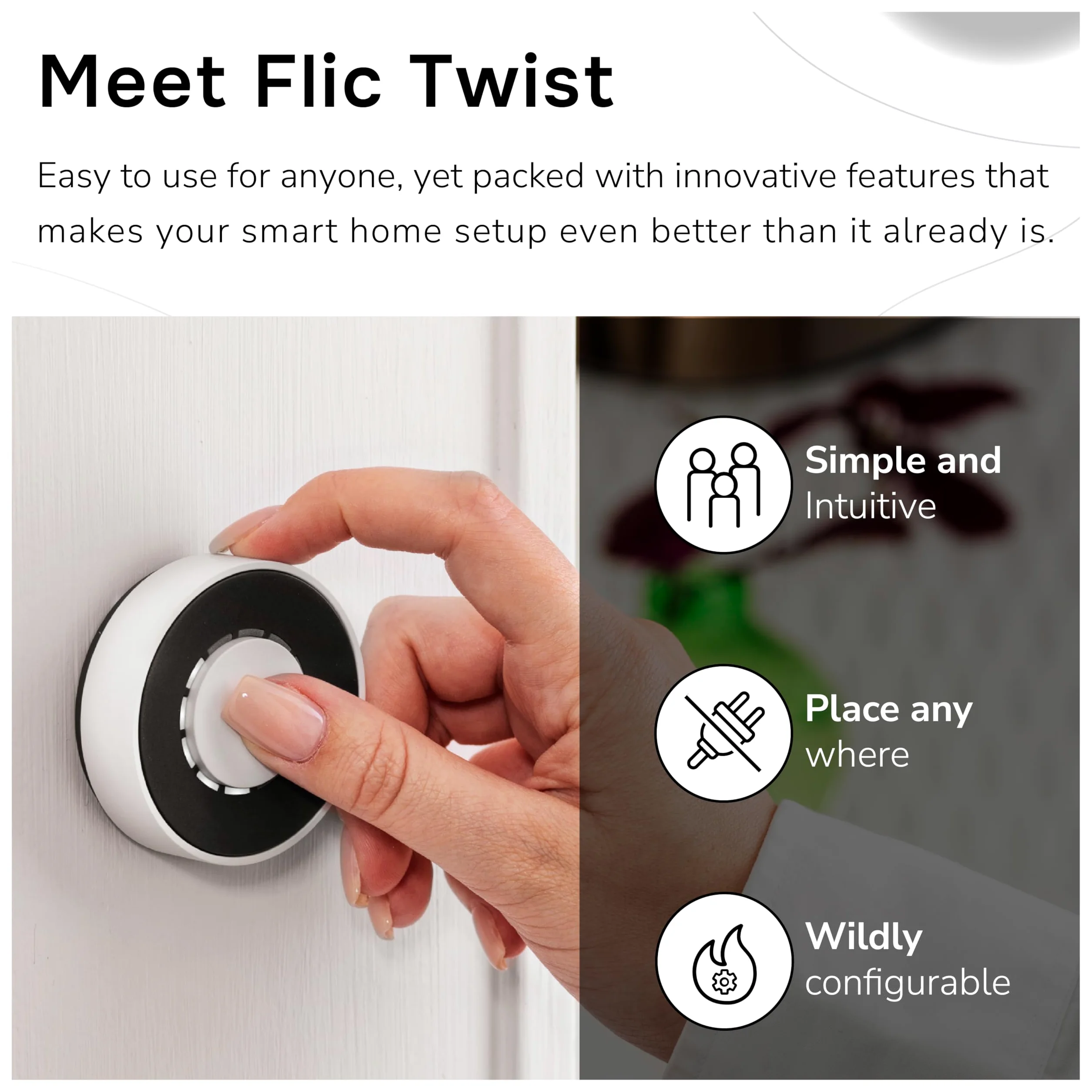 Flic Twist: Bezprzewodowy kontroler inteligentnego domu – sterowanie światłami, muzyką, żaluzje i procedury z funkcją wciskania, skręcania, podwójnego naciśnięcia, inteligentna automatyka domowa, w