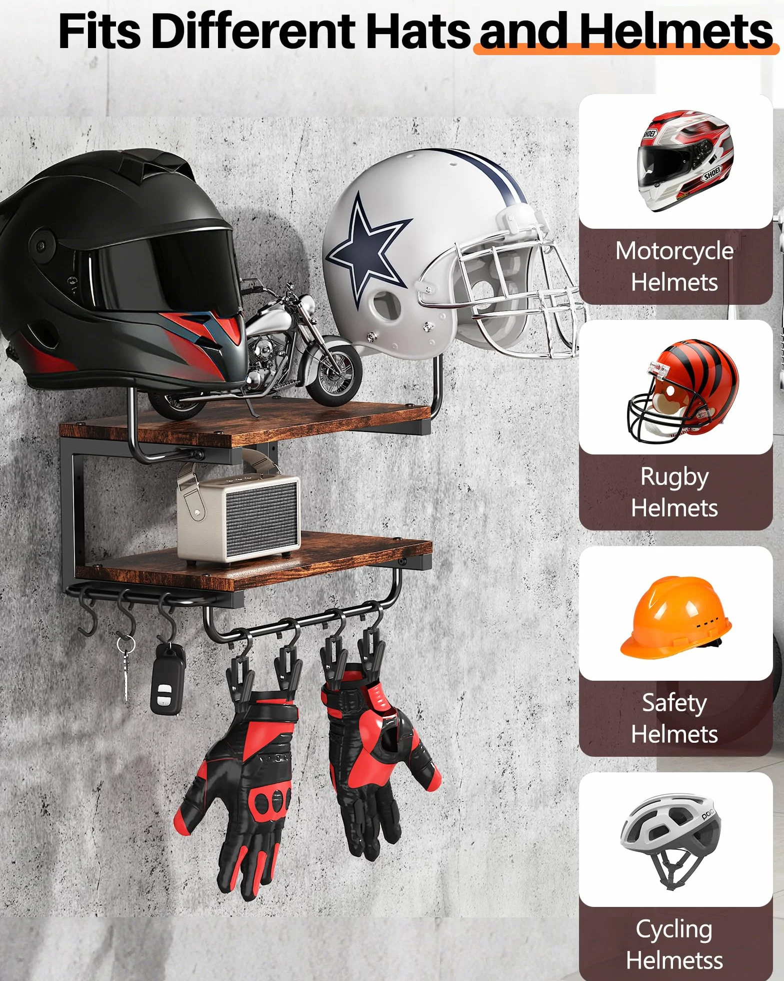 Uchwyt na kask motocyklowy do ściany na 2 kaski, ścienna garderoba motocyklowa z wieszakiem i hakiem, ładowność 30 kg, nadaje się do kasków rowerowych i narciarskich (ciemnobrązowy)
