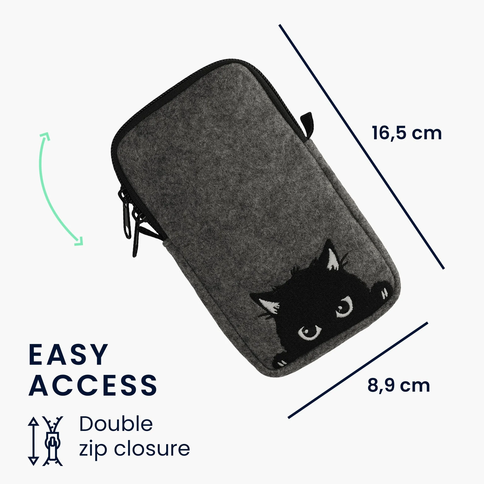 kwmobile Filcowa torba na telefon z wzorem L - uchwyt na pasek 16,5 cm x 8,9 cm - ciekawy kot szary/czarny
