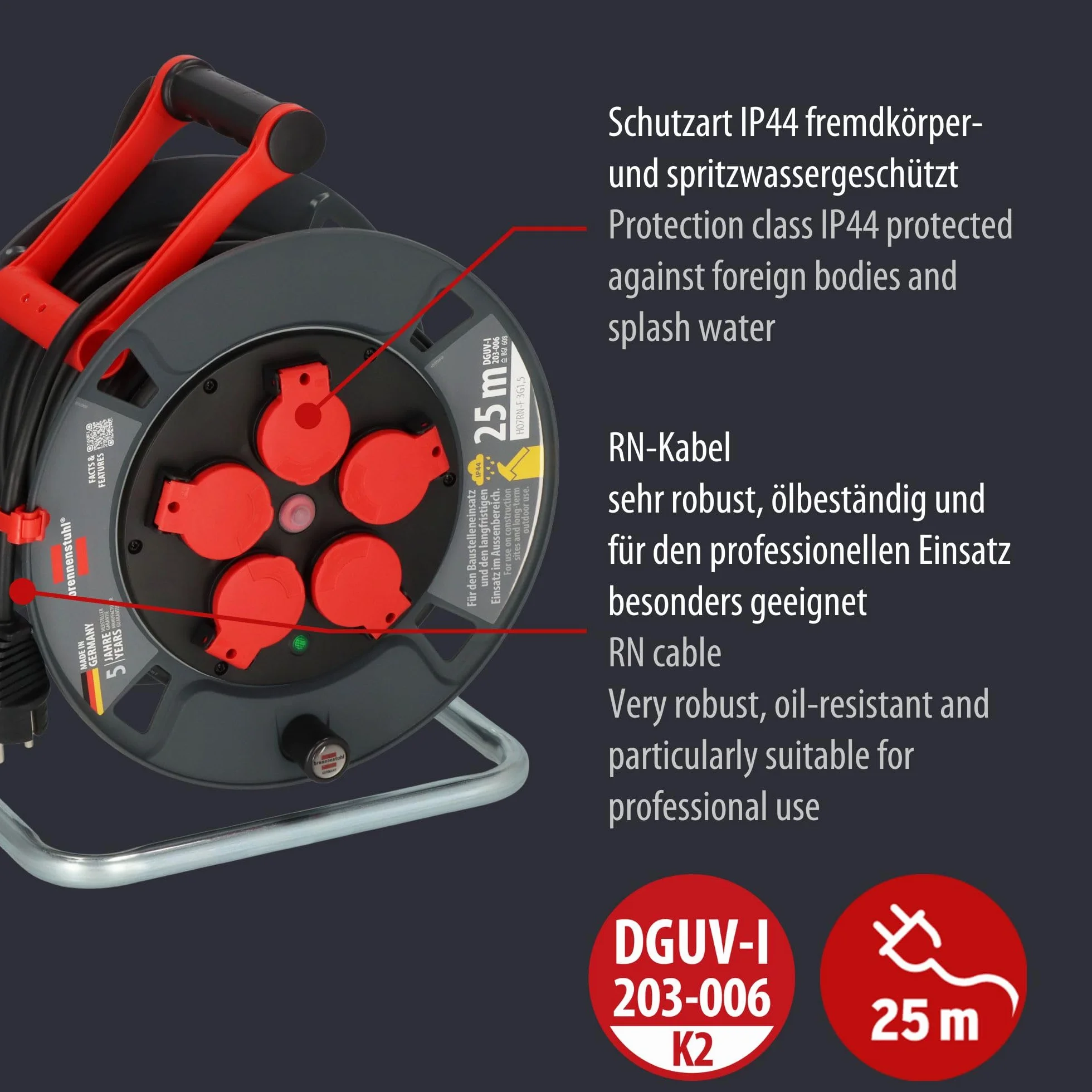 Brennenstuhl Professional bęben kablowy 300 KU 2200 (kabel 25 m w kolorze czarnym, wykonany ze specjalnego tworzywa sztucznego, do użytku na budowie i do stałego użytku na zewnątrz, Made in Germany)