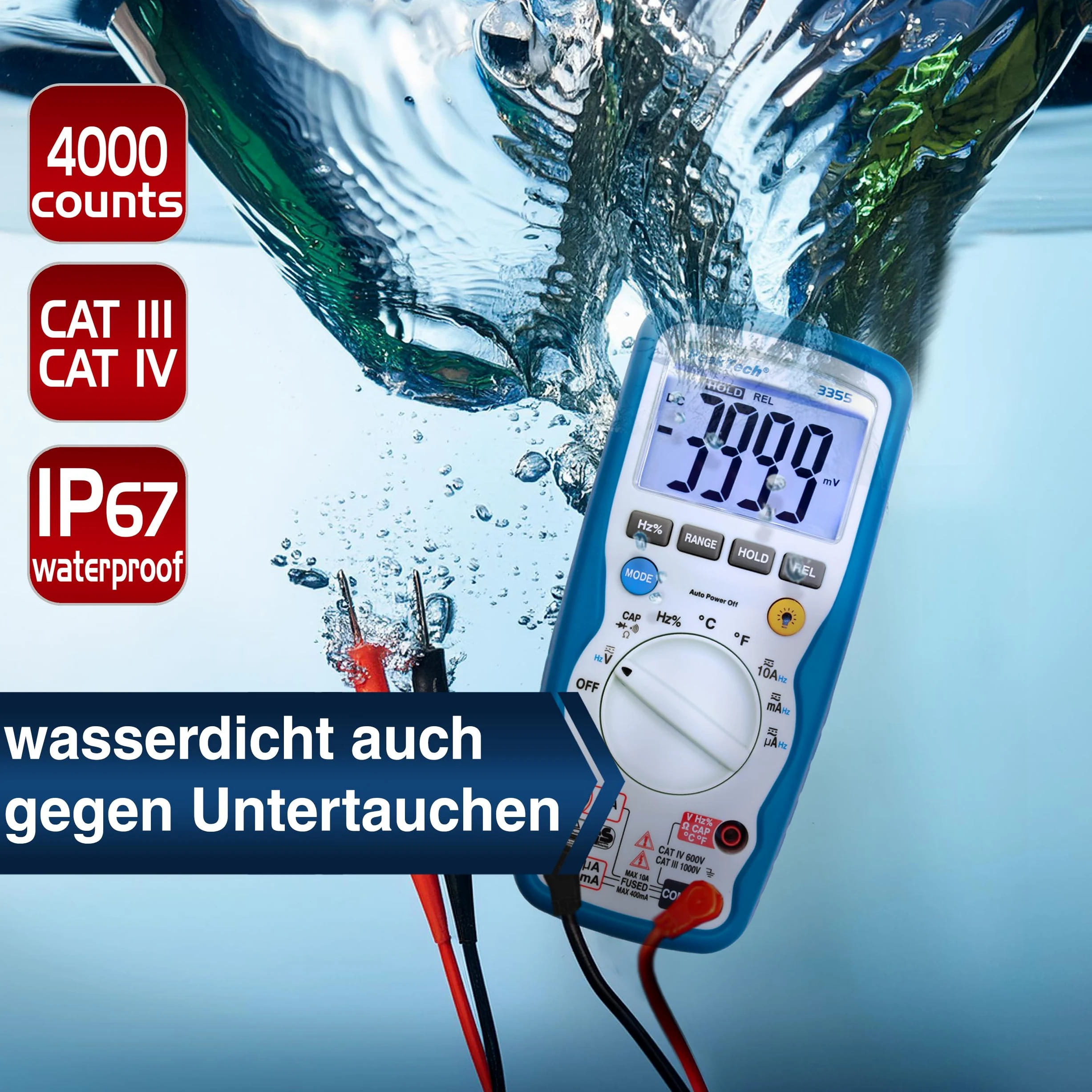 PeakTech TrueRMS P 3355 multimetr cyfrowy, wodoodporny (IP 67), 3 3/4 cyfry, CAT III 1000V/CAT IV 600V, 1 sztuka