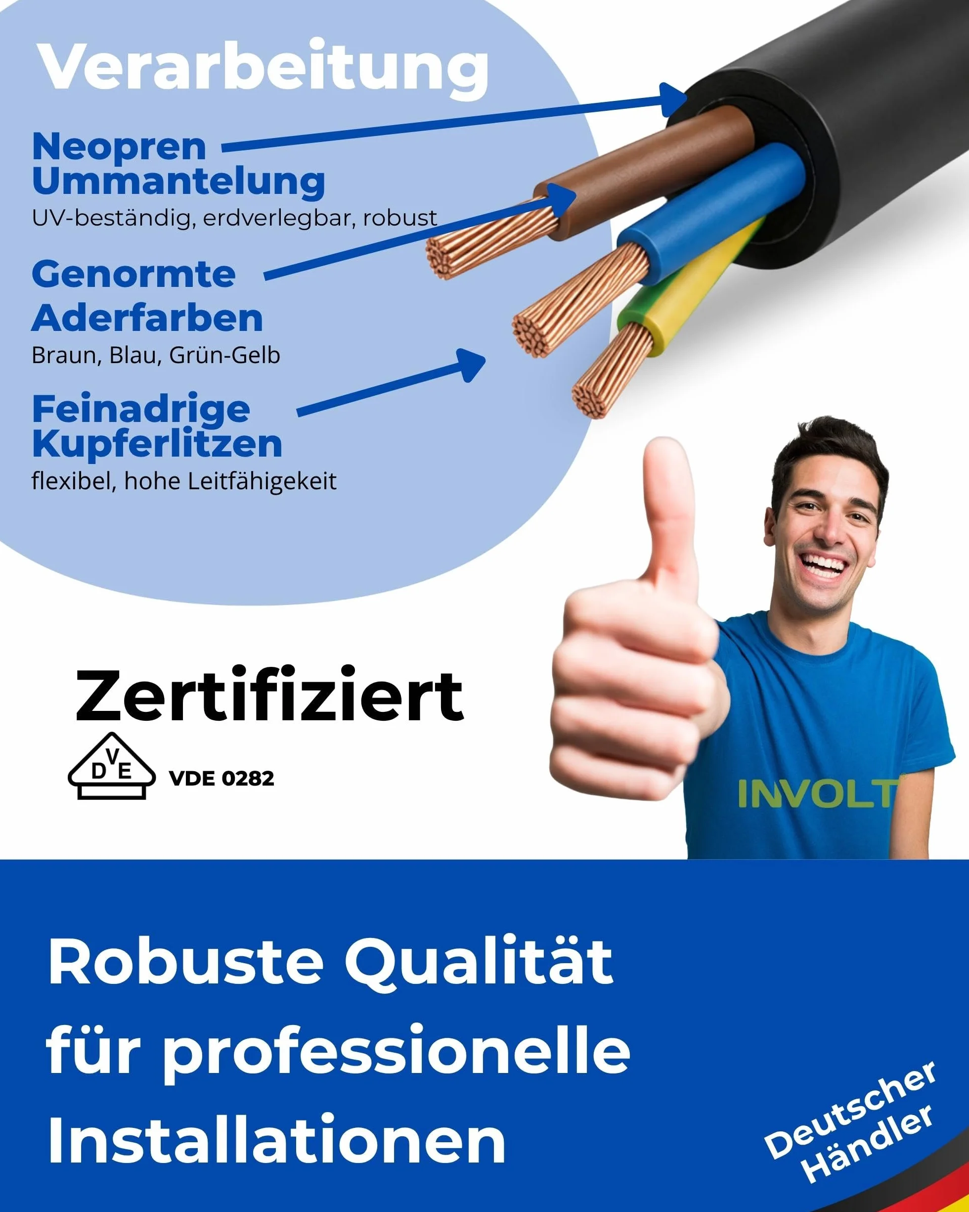 INVOLT 50 m przewód gumowy 3x0,75 H05RN-F kabel gumowy z przewodem ochronnym, kabel zasilający
