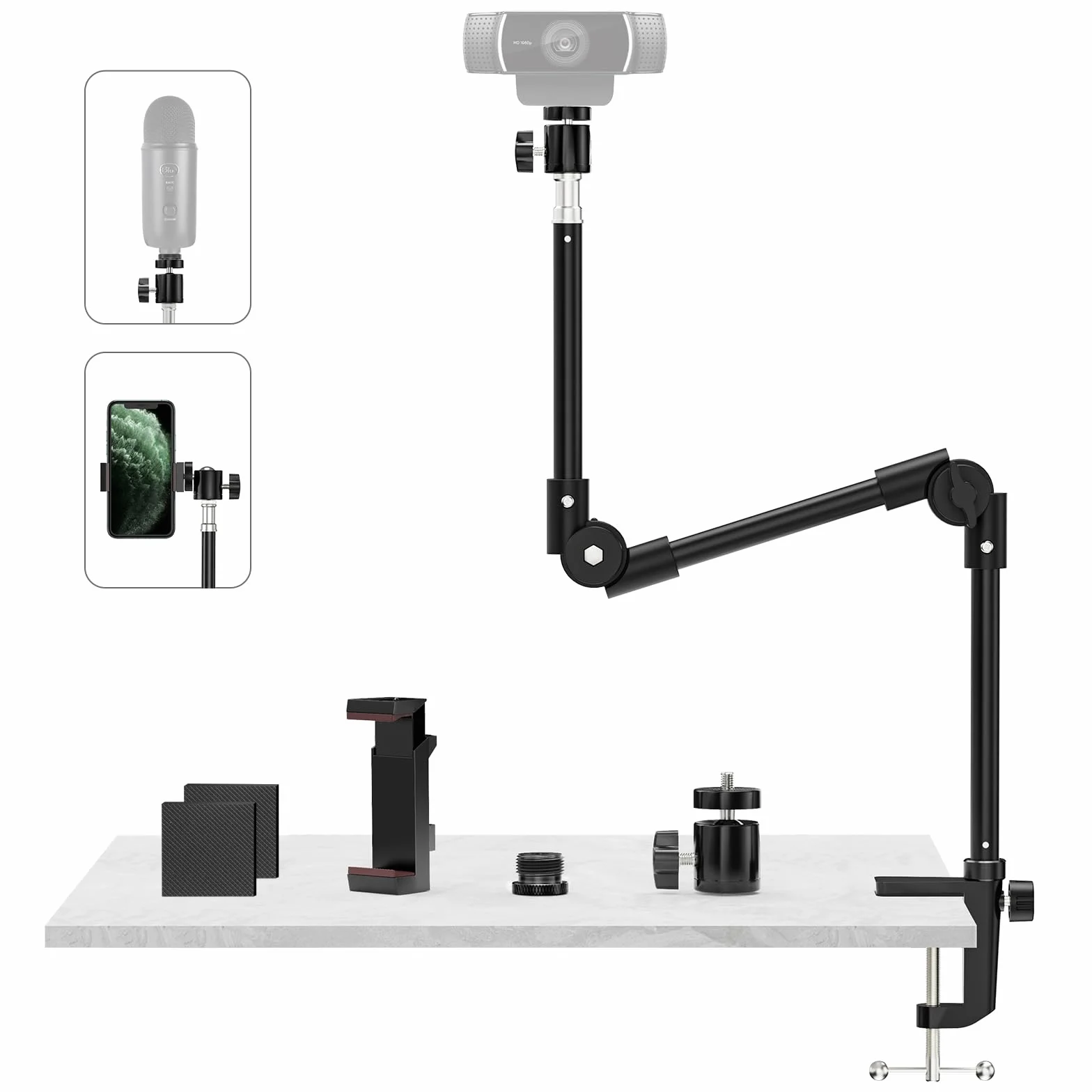 Statyw do Kamery Internetowej z Uchwytem na Telefon i Śrubą 5/8", 25-Calowy Elastyczny Statyw do Projektora z Mikrofonem na Gęsiej Szyi do Logitech C922 C930e C920 C615 C960 Brio 4k Gopro Blue Yeti