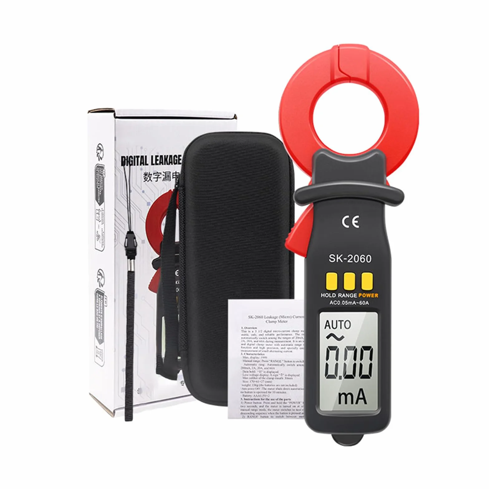 FTVOGUE Cyfrowy Miernik Cęgowy SK2060 Zakres 60A AC DC Tester Prądu Upływowego z Automatycznym Zatrzymaniem Zakresu 1999 zliczeń dla Elektryków Techników HVAC (SK-2060 AC 0,05 mA-60A)