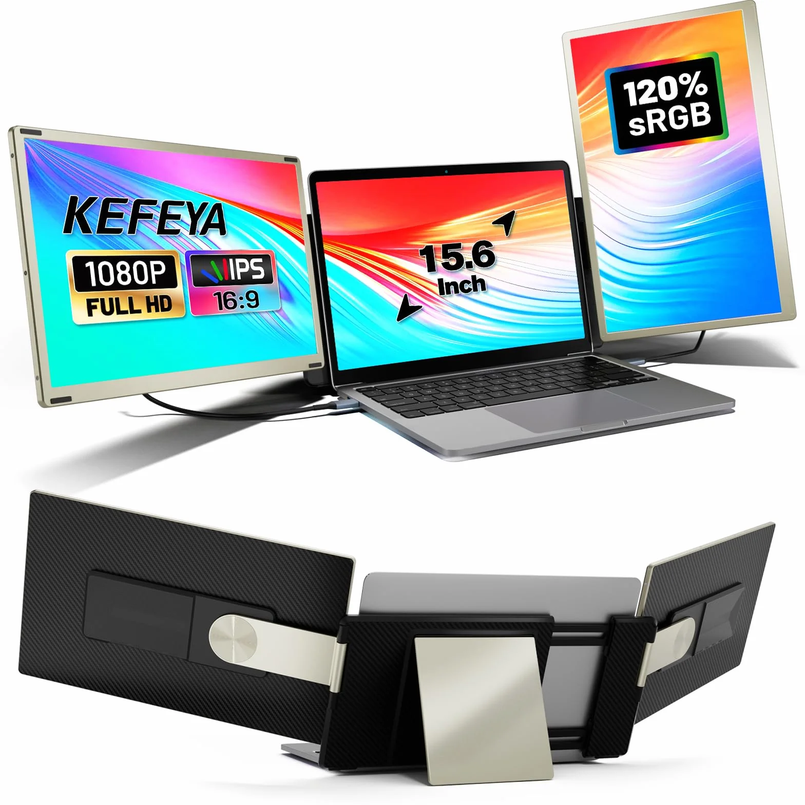KEFEYA Ecran Portable 15.6" Convient à Toutes Les Tailles Laptops 120% sRGB, FHD 1080P Moniteur Portable HDMI/USB-C/USB-A Plug & Play Laptop Screen Extender pour Mac Windows Chrome