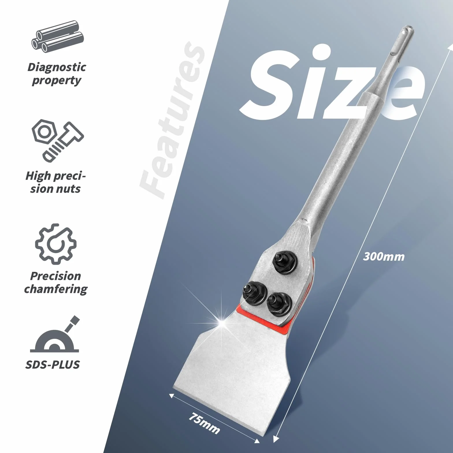 Dłuto SDS Max do Płytek 300 mm x 75 mm SDS Plus Szerokie Dłuto Szpatułkowe Płaskie do Usuwania Kleju do Podłóg Płytki PCV Farba linoleum Klej do Płytek Dywanowych