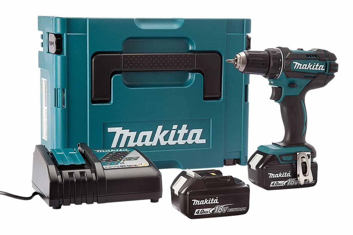 Makita DDF482RMJ wiertarko-wkrętarka akumulatorowa 2 x 18 V 4 Ah litowo-jonowa + walizka Makpac, 18 V, niebieska, srebrna