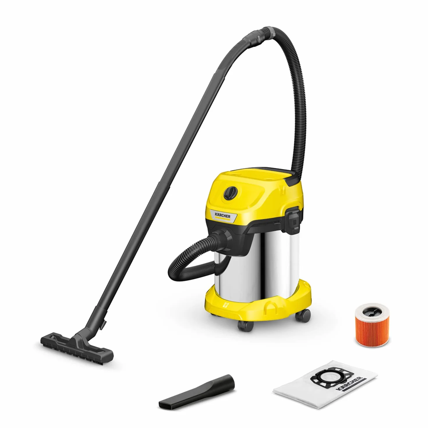 Kärcher Odkurzacz na Mokro/Sucho WD 3 S V-17/4/20, w tym filtr, 1000 W, zbiornik ze stali nierdzewnej: 17 l, wąż ssący: 2 m i przechowywanie węży, funkcja wydmuchu, ssawka do podłóg i szczelin