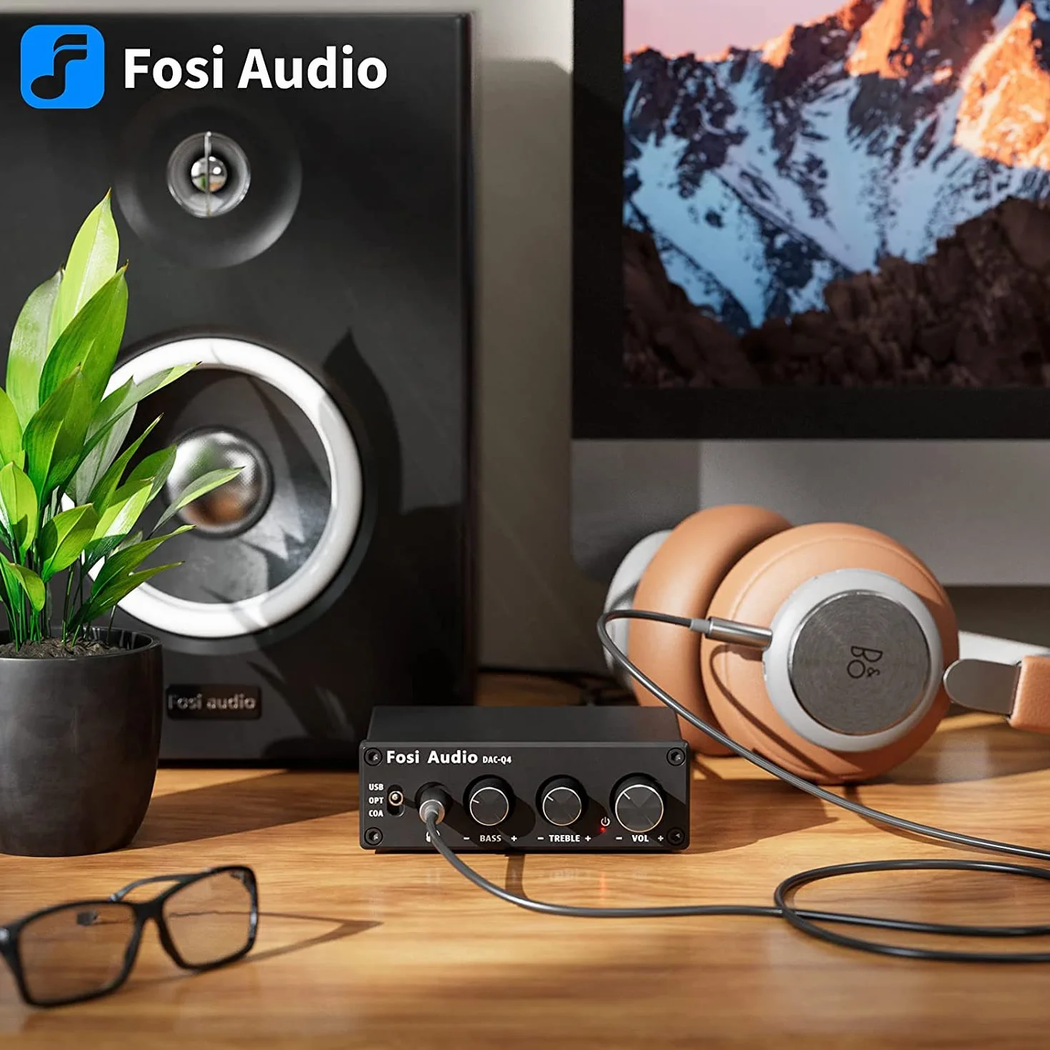 Fosi Audio Q4 Wzmacniacz Słuchawkowy DAC, Mini Stereofoniczny Wzmacniacz Cyfrowo-Analogowy, USB COAX OPT do 3,5 mm Gniazda AUX RCA, do Aktywnych Głośników Zasilanych z Komputera Stacjonarnego