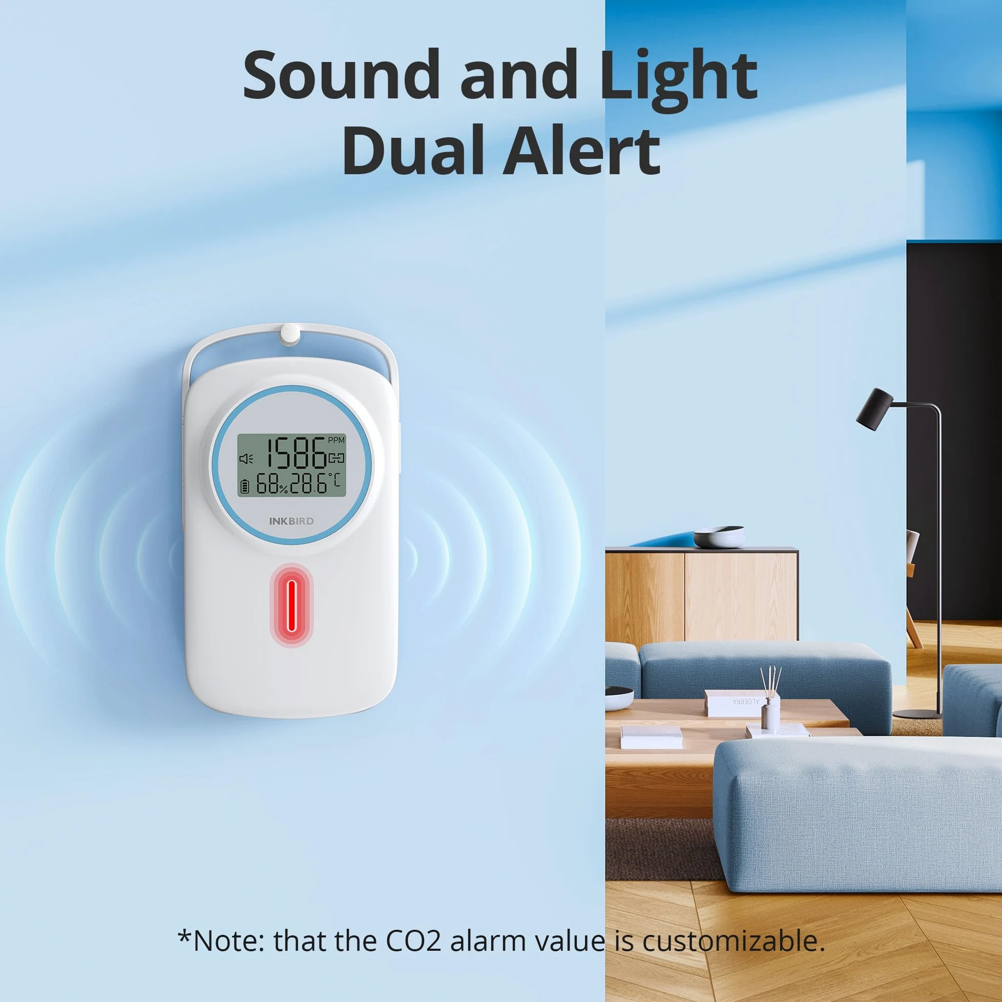 Inkbird Detektor CO2 Bluetooth, IAM-T2 monitor jakości powietrza w pomieszczeniach i wilgotności powietrza z aplikacją sterującą i funkcją alarmu do domu, szkoły, hotelu