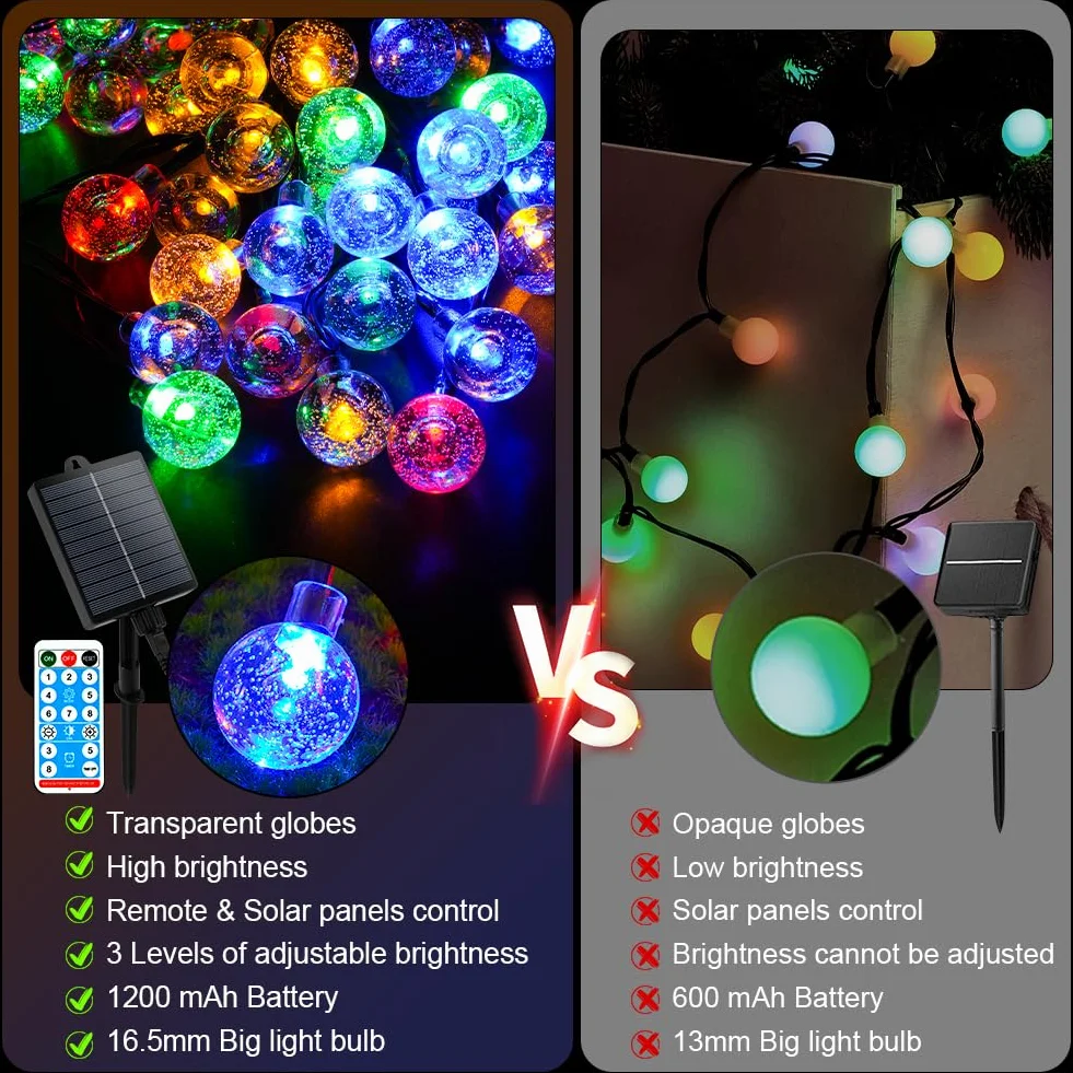 AUAUY Solarny łańcuch świetlny na zewnątrz, odporny na warunki atmosferyczne, 7 m, 50 diod LED, 8 trybów pracy, IP65, solarny łańcuch świetlny, kryształowe kule, oświetlenie zewnętrzne/wewnętrzne na