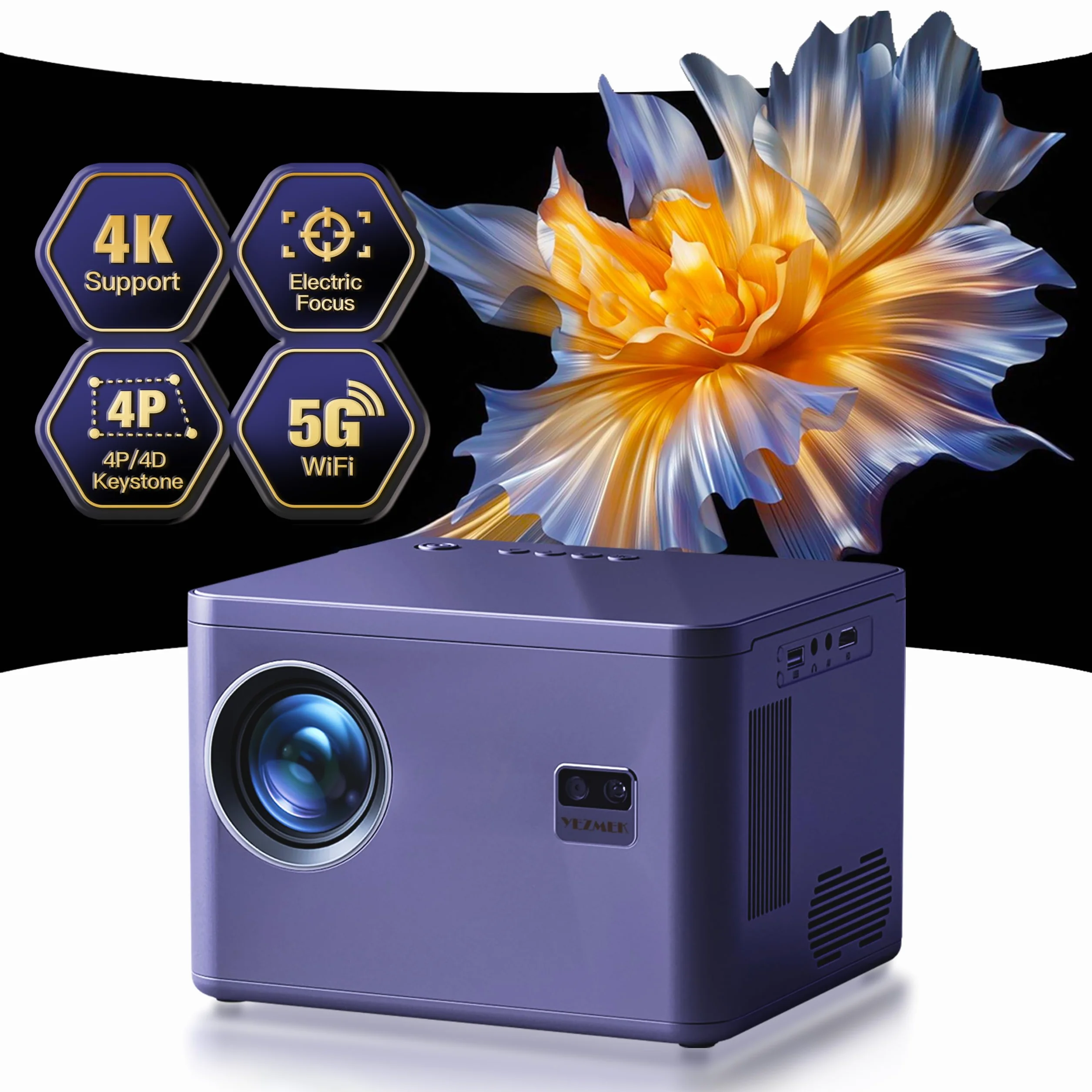 Projektor 4K (korekcja ostrości i geometrii trapezowej 6D/4P] 20000L Native 1080P 5G WiFi, dwukanałowy projektor Bluetooth, do kina domowego / na zewnątrz, do telewizora Stick/laptopa/telefonu
