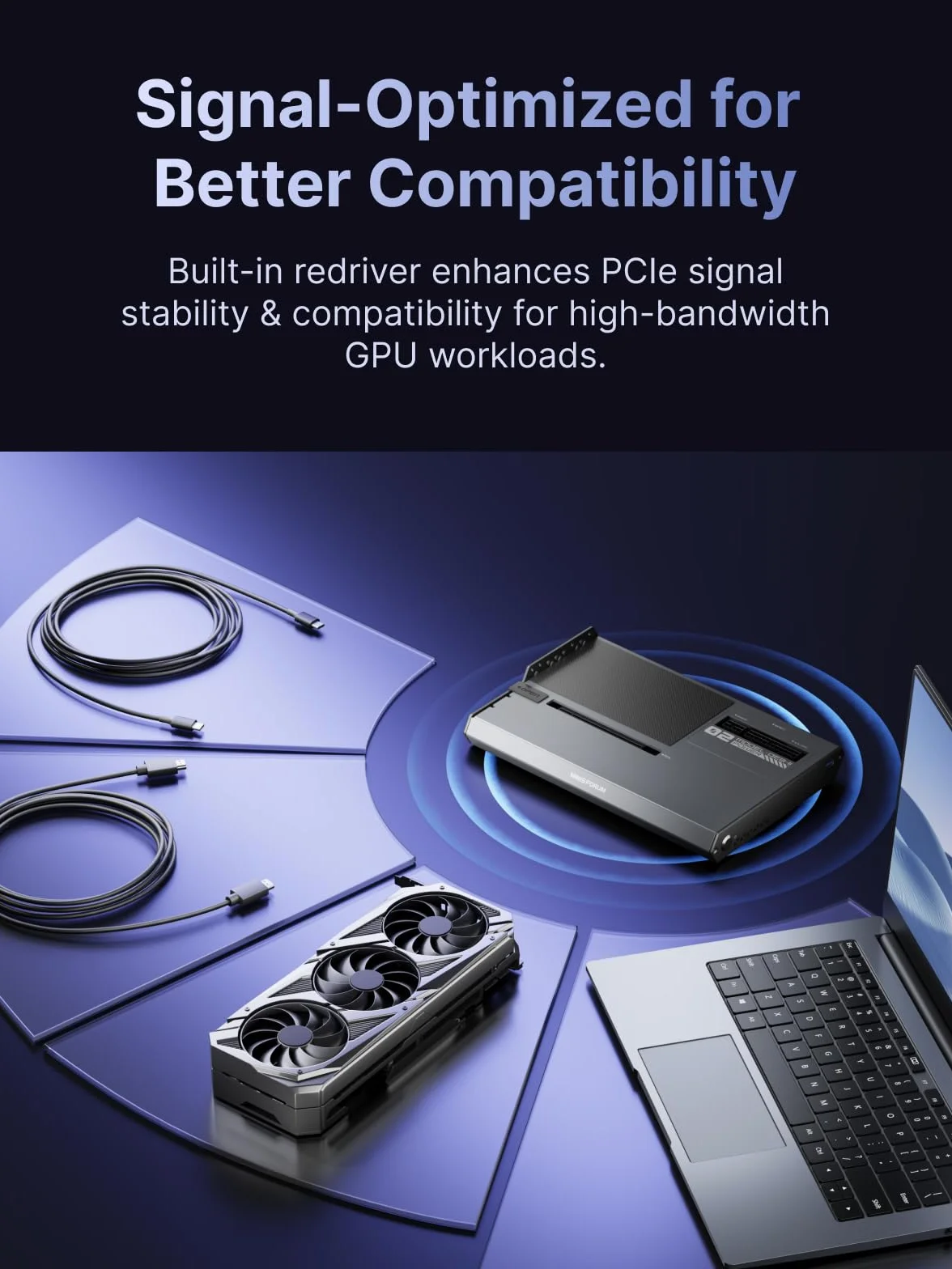 MINISFORUM DEG2 Thunderbolt 5 (80 Gb/s, 140 W) i stacja dokująca OCuLink eGPU, PCIe x16, z gniazdem M.2 NVMe, obsługuje zasilacze ATX/SFX