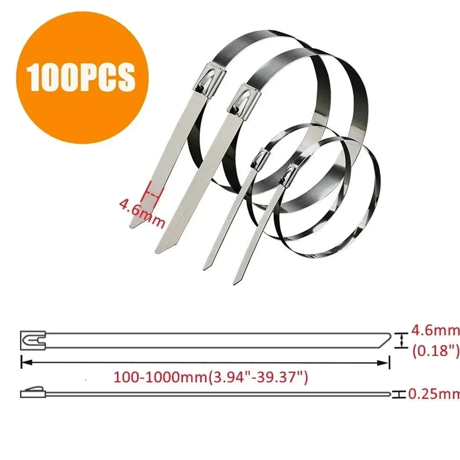 304 Opaski metalowe ze stali nierdzewnej, Opaski k 100 szt. metalowych opasek zaciskowych 304 ze stali nierdzewnej(4.6mm,450mm(17.72inch))