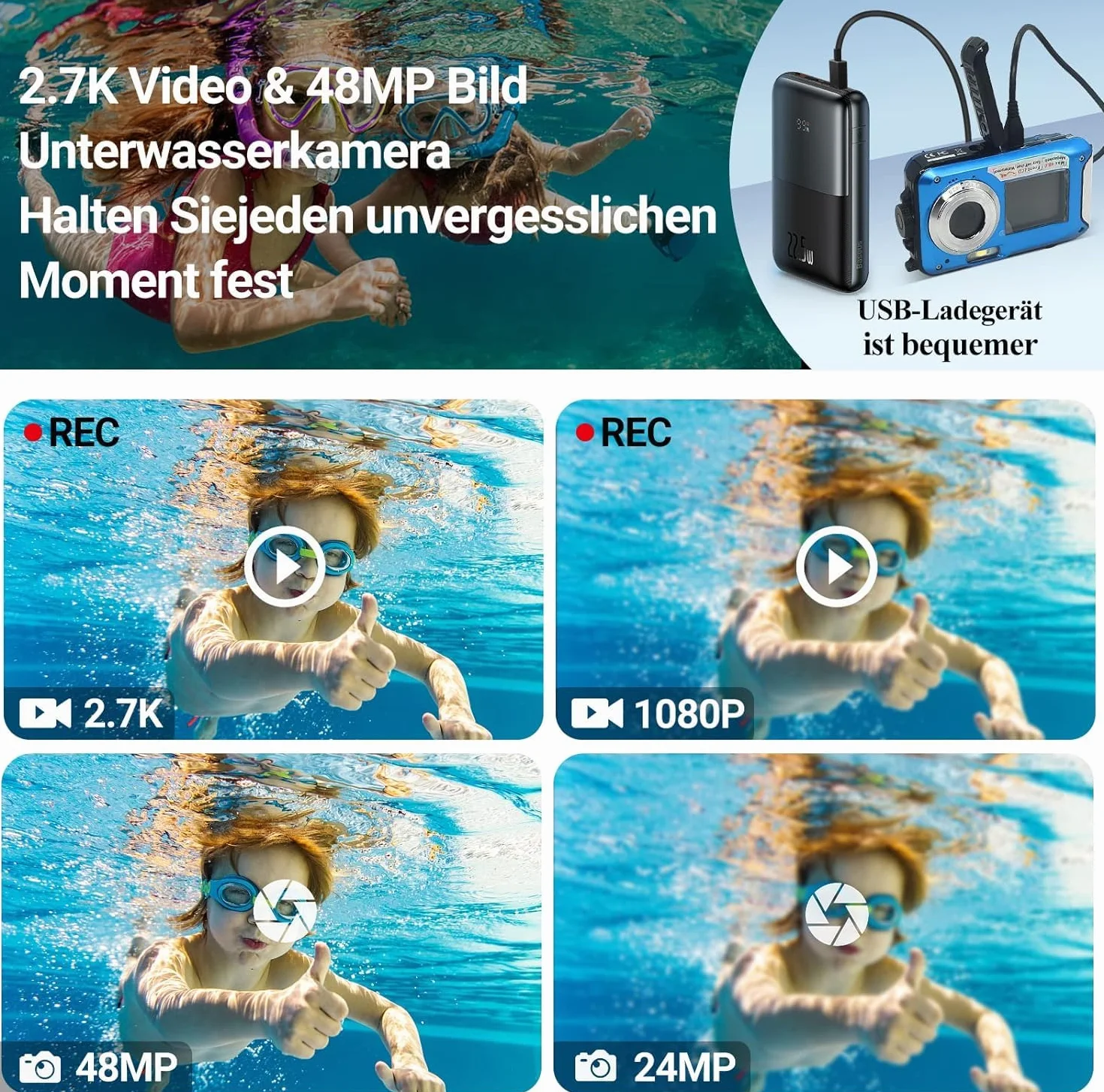 Kamera podwodna Full HD 2.7 K 48 MP 10 ft wodoszczelna podwójny ekran 16x zoom cyfrowy