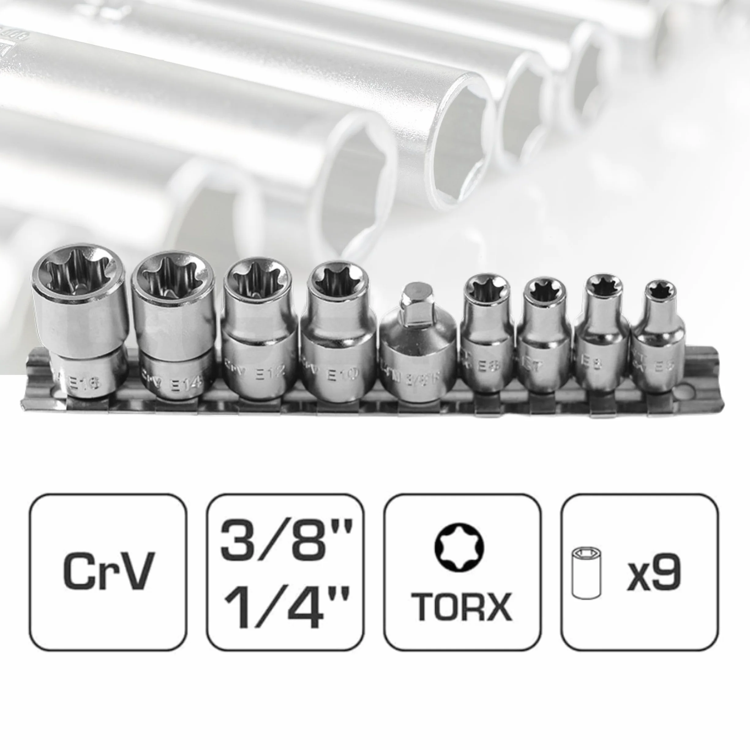 Högert HT1A884 zestaw kluczy nasadowych z narzędziami, ze stopu stali chromowo-wanadowej, zestaw 9 kluczy nasadowych Torx, srebrne, 1/4" E5-E8, 3/8 E10-E16, CRV