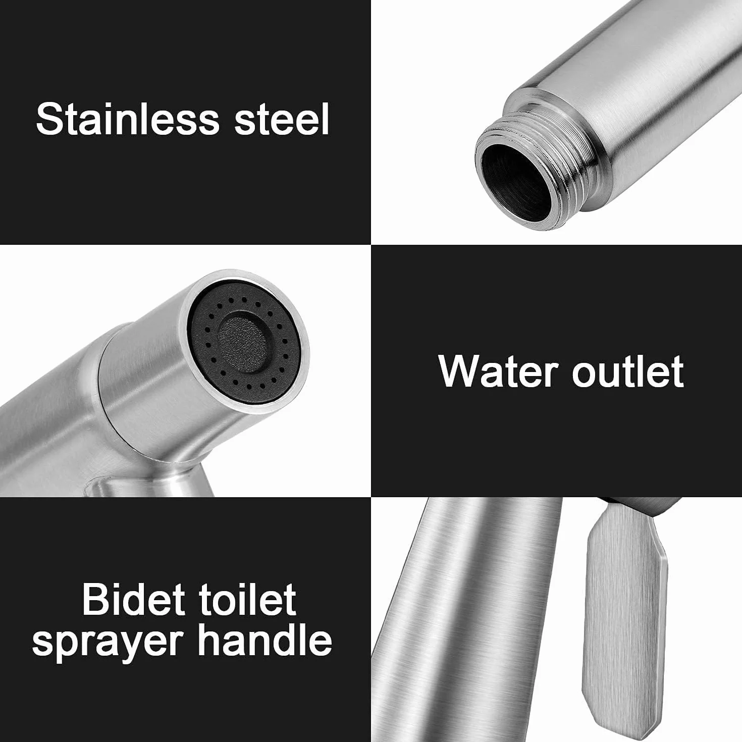 Natrysk Higieniczny (Bidet) ze Stali Nierdzewnej Szczotkowanej, Zestaw z Wężem i Zaworem G1/2” + G3/8” - do Toalety, Podmywania i Czyszczenia