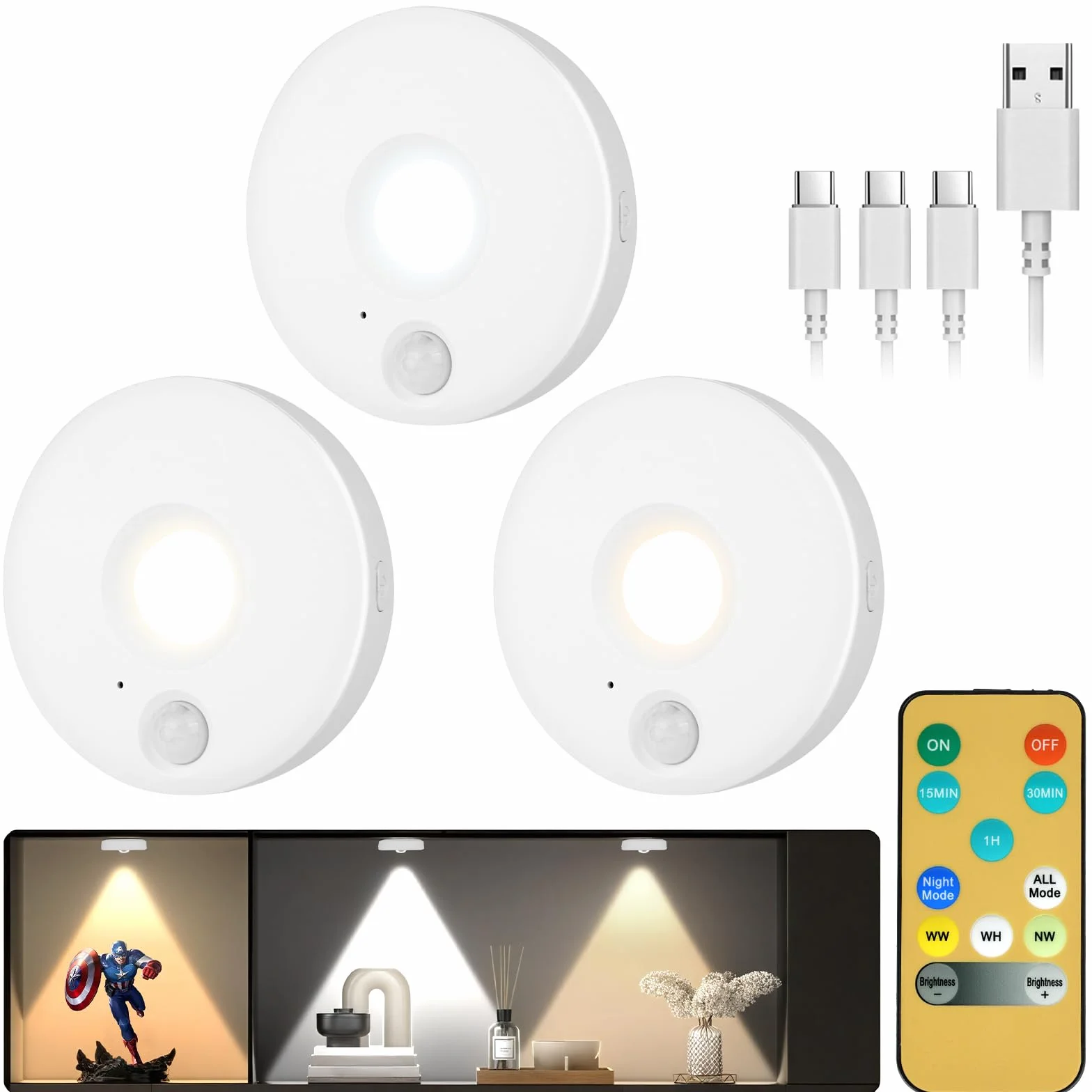 Hotut Akumulatorowe bezprzewodowe lampy Puck, 3 sztuki, ładowalne lampki nocne LED z 3 trybami oświetlenia, LED Puck, pilot zdalnego sterowania, zasilanie bateryjne, do szafki, schodów, szaf, kuchni