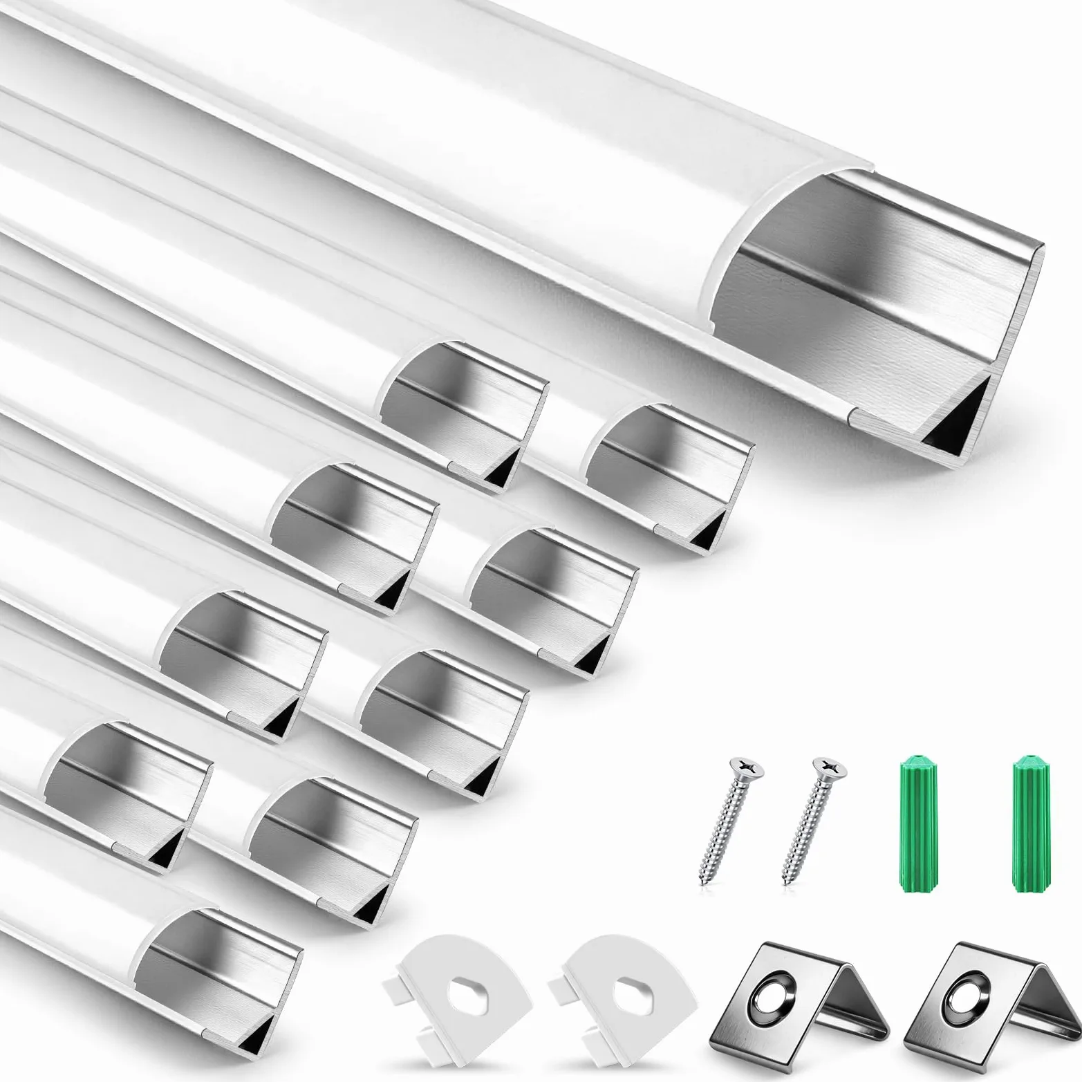 Zestaw 10 profili aluminiowych LED, srebrny kanał aluminiowy LED w kształcie litery U z mlecznobiałą pokrywą, zaślepkami i klipsami montażowymi, aluminiowy profil wytłaczany do taśm LED V02