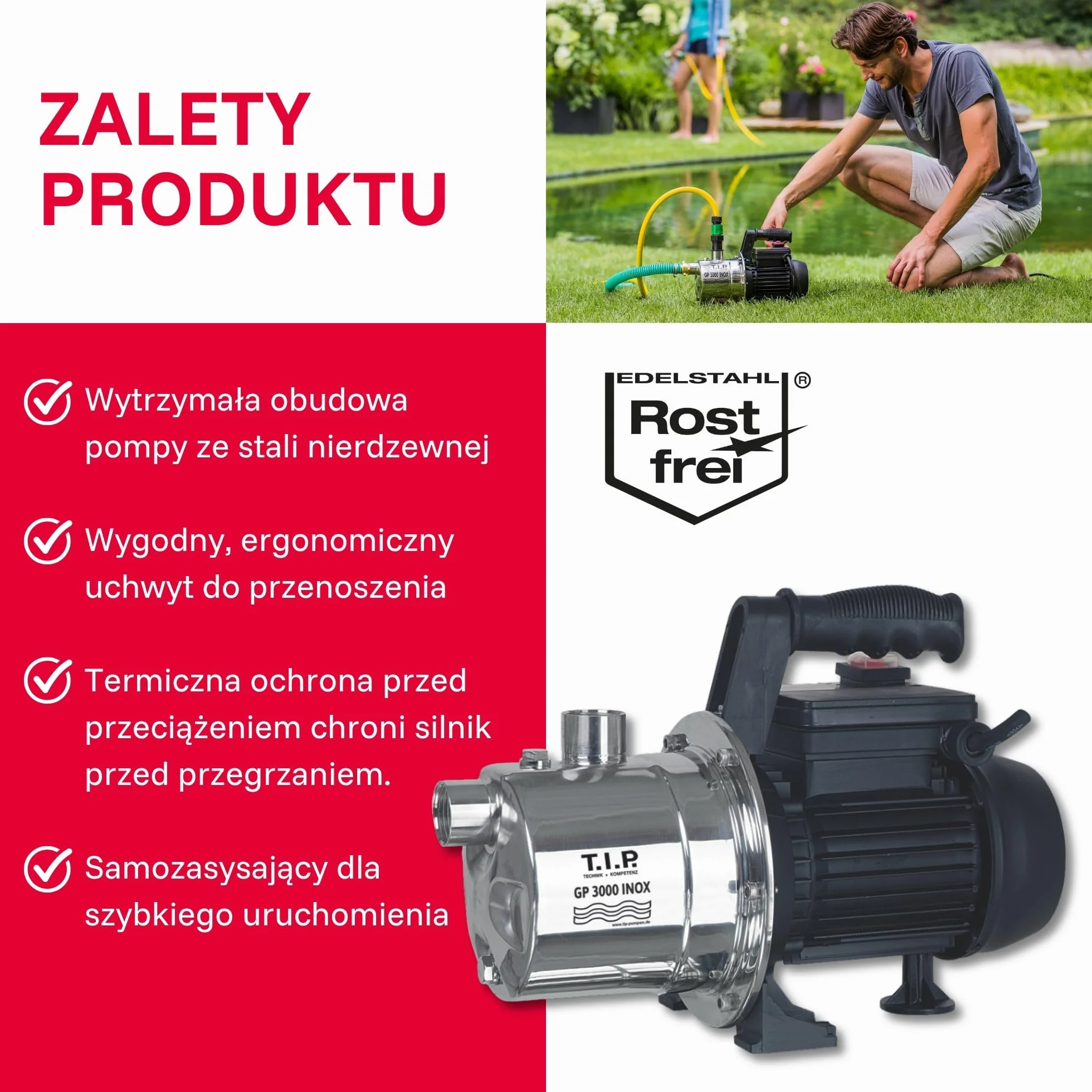 T.I.P. Pompa ogrodowa ze stali nierdzewnej GP 3000 INOX - Wydajna pompa 550 W, 2950 l/h z termicznym zabezpieczeniem przed przeciążeniem, 30111