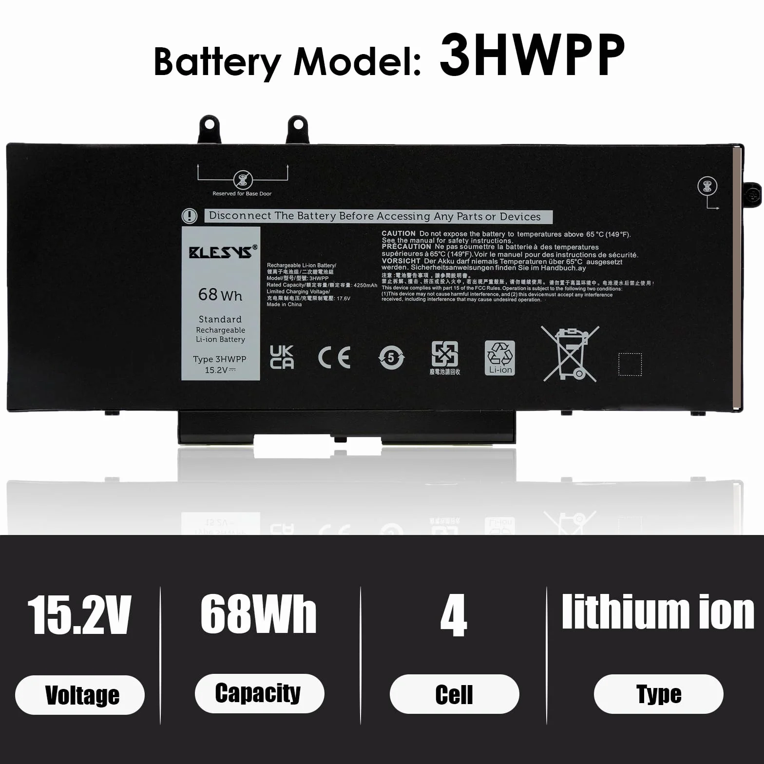 BLESYS 3HWPP Bateria do Dell Latitude 5401 5411 5410 5501 5510 5511 Series do Inspiron 7706 7500 7506 Series do Precision 3541 3550 3551 Series (15.2V, 68Wh)