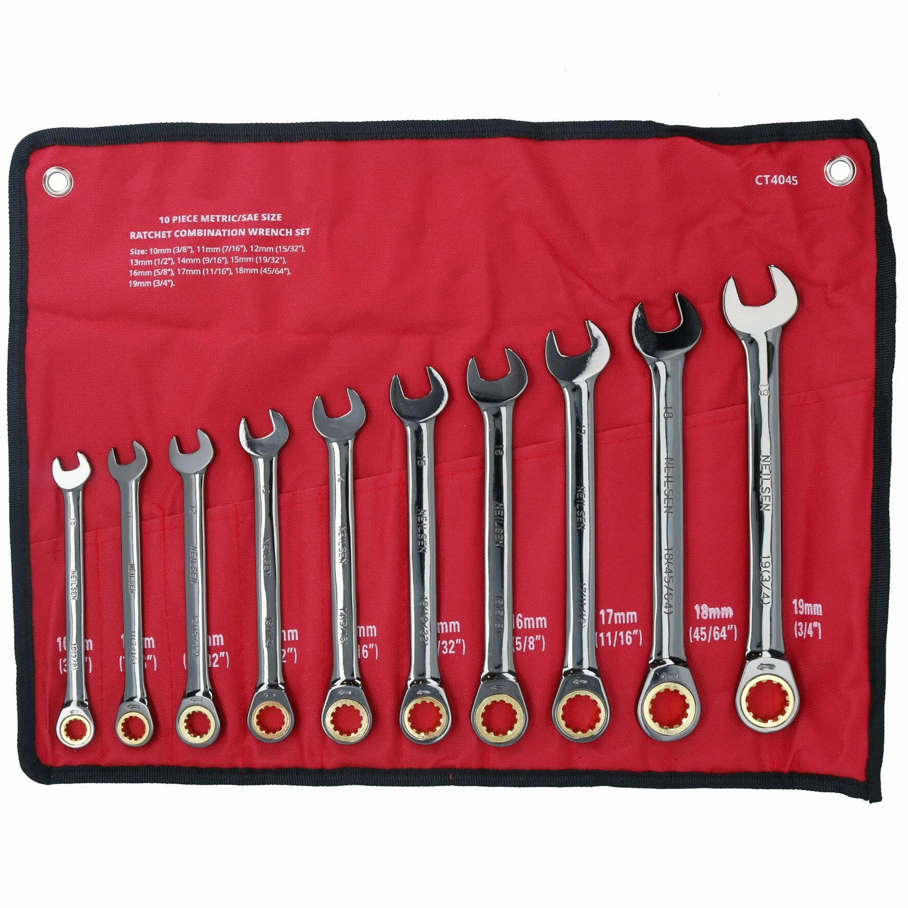 AB Tools Narzędzia Metric + SAE klucz płasko-oczkowy z grzechotką, zestaw kluczy płasko-oczkowych 10 – 19 mm 3/8'' – 3/4''