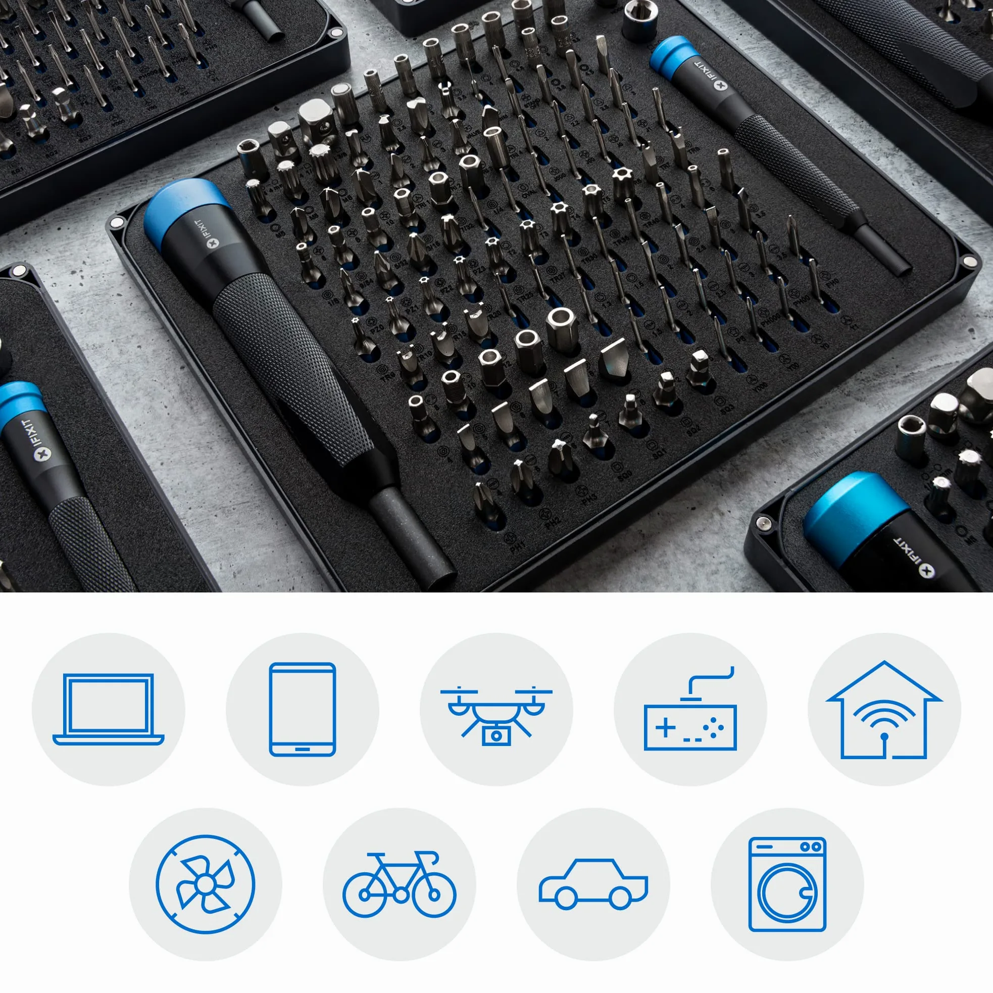 iFixit Manta Precision Bit Set, Zestaw bitów z 2 śrubokrętami i 112 bitami: mini bity (4 mm) dla elektroników i bity standardowe 1/4 cala