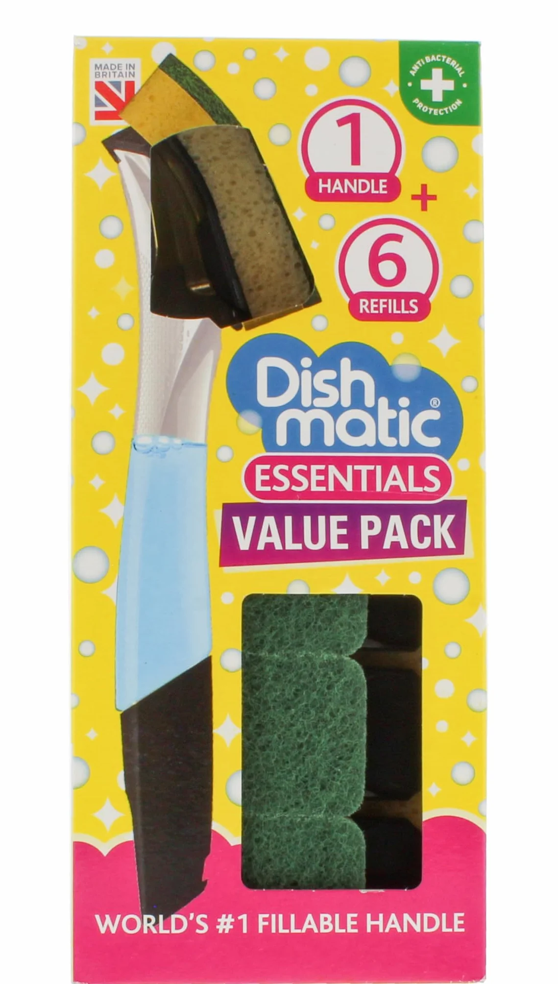 Dishmatic Zestaw Value Pack – 1 x uchwyt do dozowania płynu do mycia naczyń z 6 wymiennymi główkami gąbki ogólnego przeznaczenia, antybakteryjny uchwyt do mycia naczyń kuchennych z wygodnym uchwytem