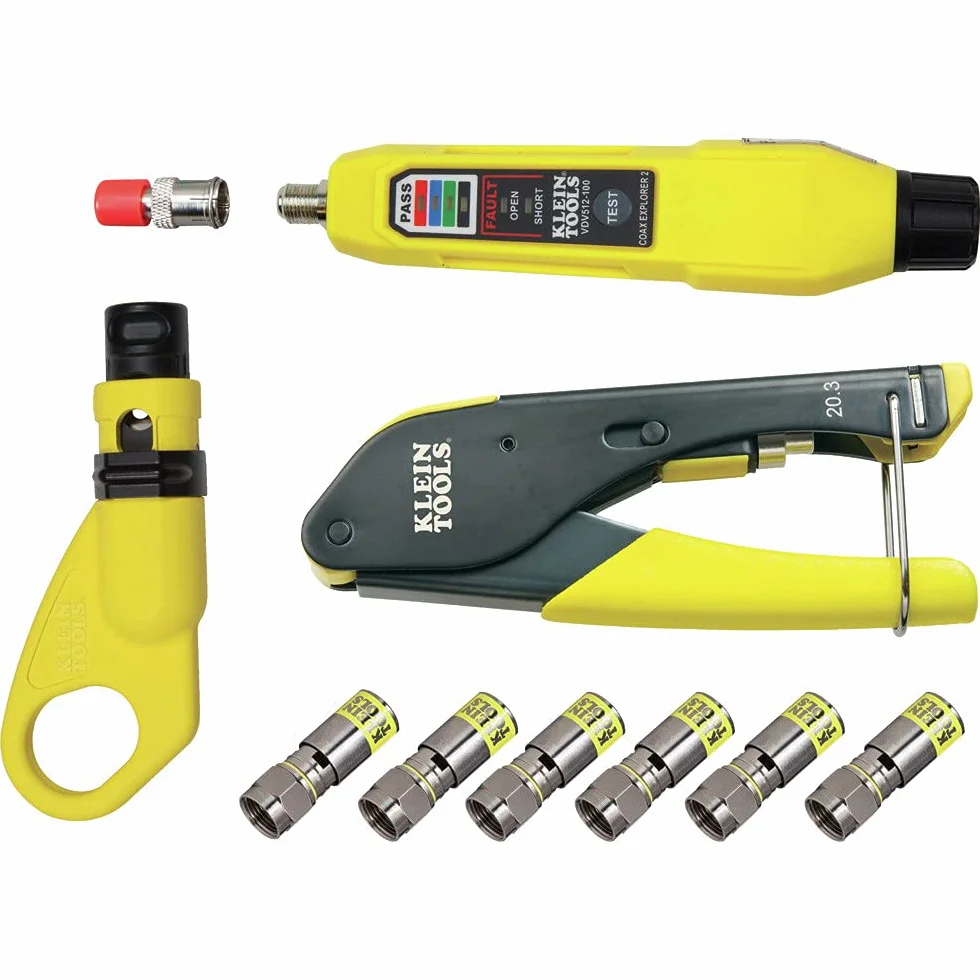 Klein Tools VDV002-818 Zestaw instalacyjny i testowy koncentryczny z narzędziem do zaciskania, zawiera tester, striptizerkę i uniwersalne złącza F