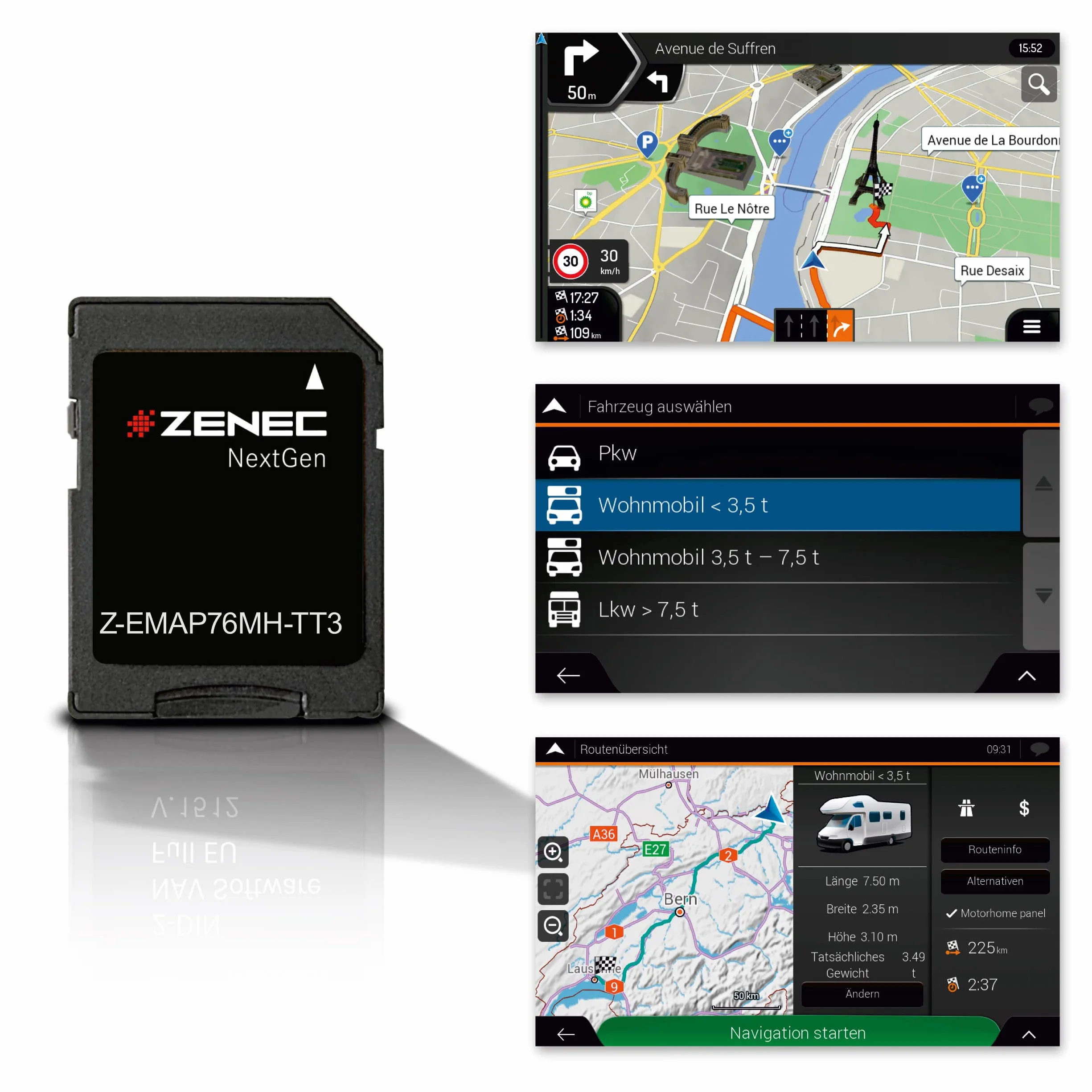 Karta micro SDHC ZENEC Z-EMAP76MH-TT3 z nawigacją kampera do ZENEC Infotainer Z-E3776, Z-N975, Z-N976, mapy 3D Europy, Camping P.O.I. TMC