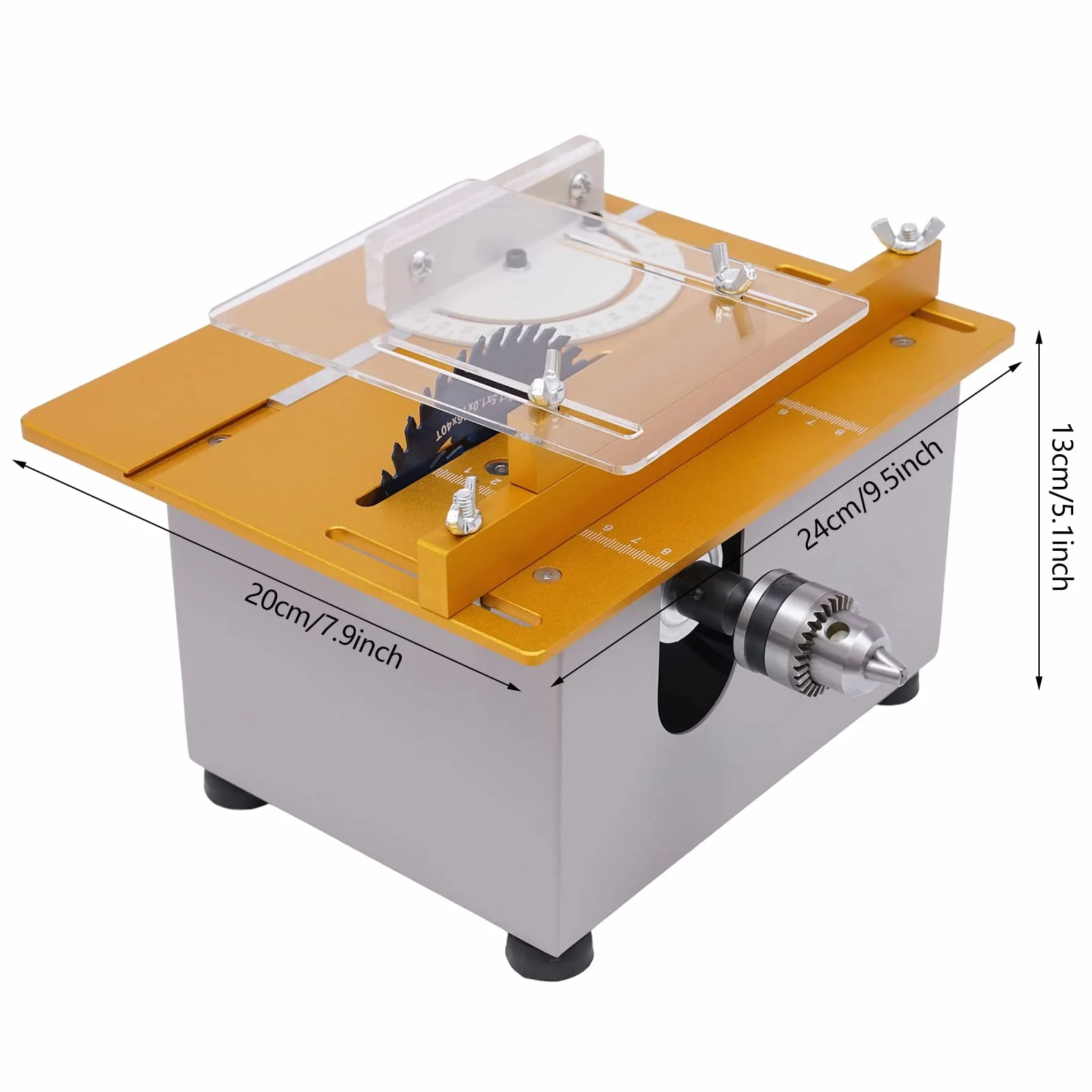 Profesjonalna mini piła stołowa z 4 ostrzami 9000 obr./min, przenośna stołowa pilarka tarczowa 300 W, elektryczna piła stołowa o grubości cięcia 0-29 mm, modelarstwo, cięcie, polerowanie