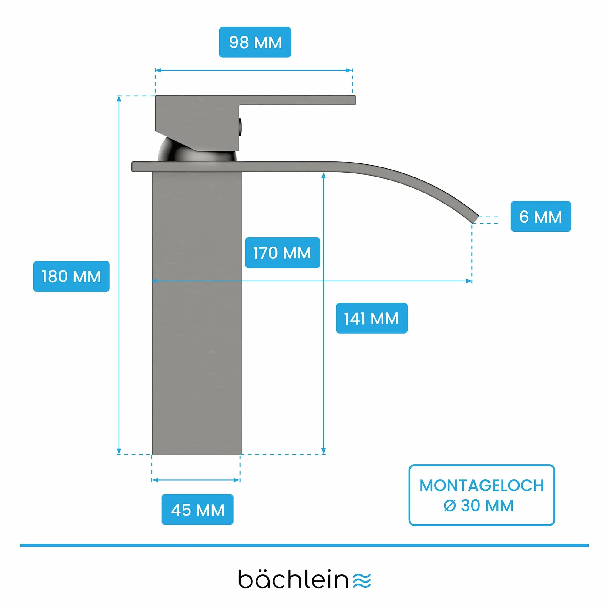 Bächlein Bateria łazienkowa Tamina w stylu wodospadu, jednouchwytowa bateria z trwałym wkładem ceramicznym i zestawem montażowym, bateria łazienkowa ze stali nierdzewnej