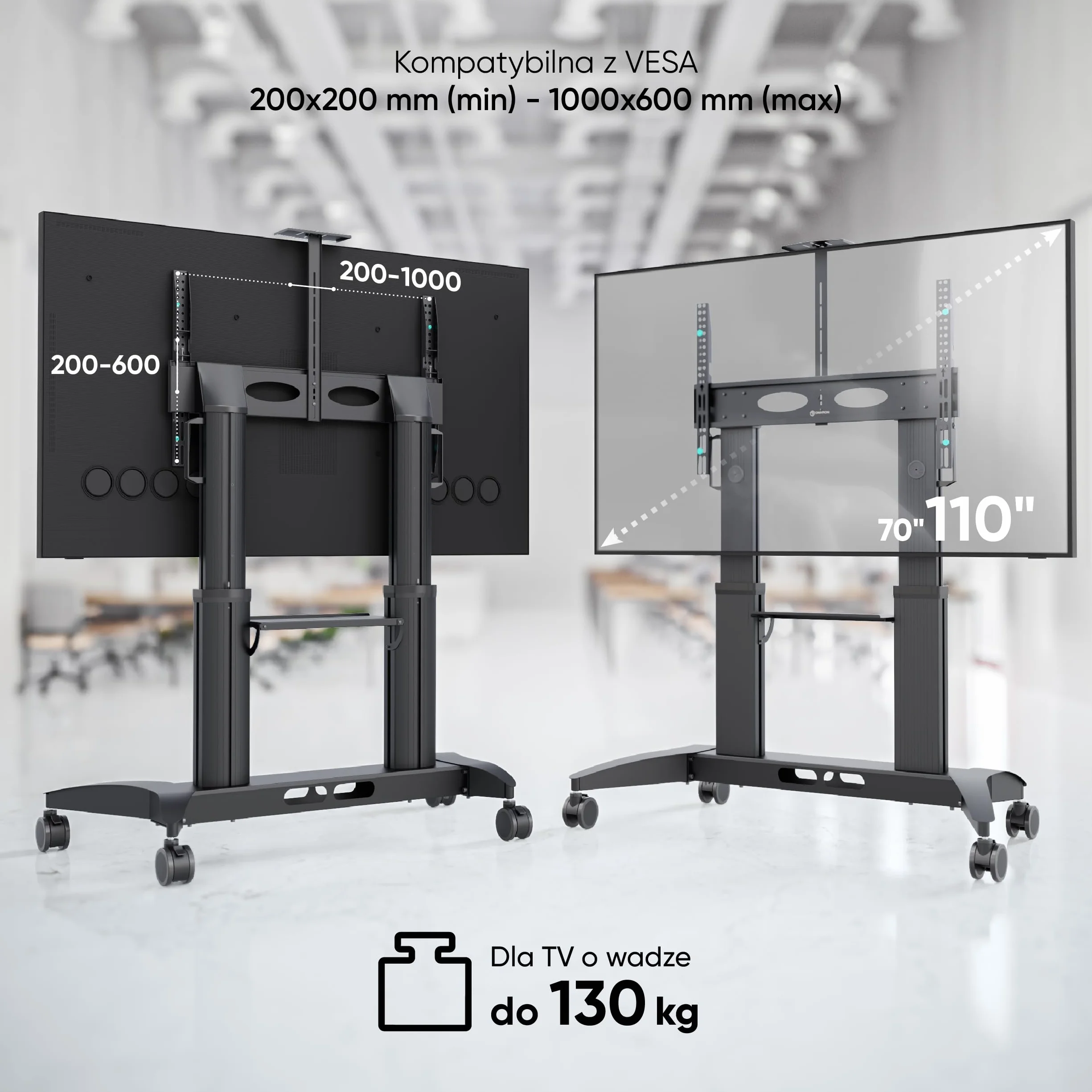 ONKRON Mobilny Stojak TV 32-75 cali, Nośność 60 kg, VESA 200x200-600x400, Regulacja Wysokości, Półka AV, Czarny