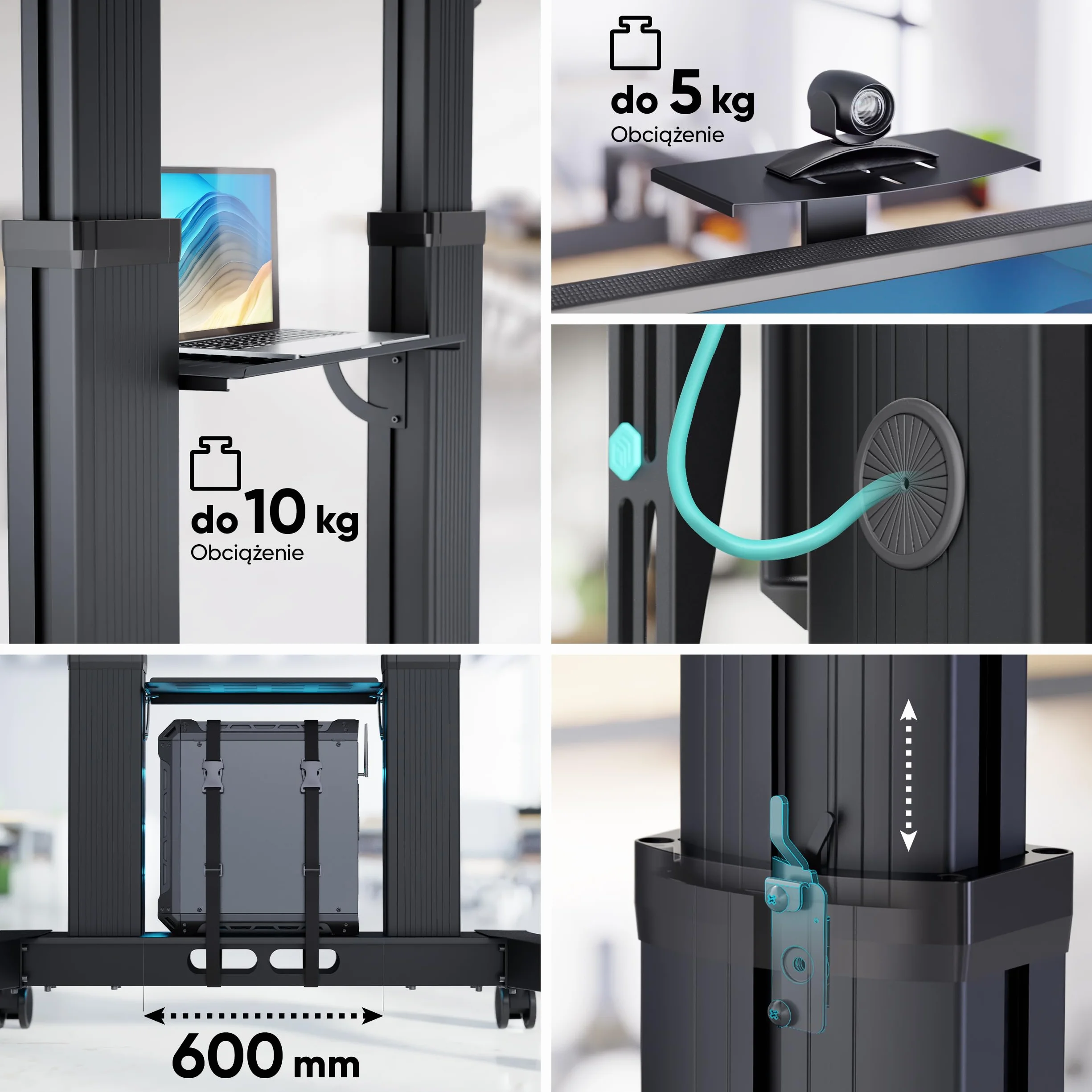 ONKRON Mobilny Stojak TV 32-75 cali, Nośność 60 kg, VESA 200x200-600x400, Regulacja Wysokości, Półka AV, Czarny