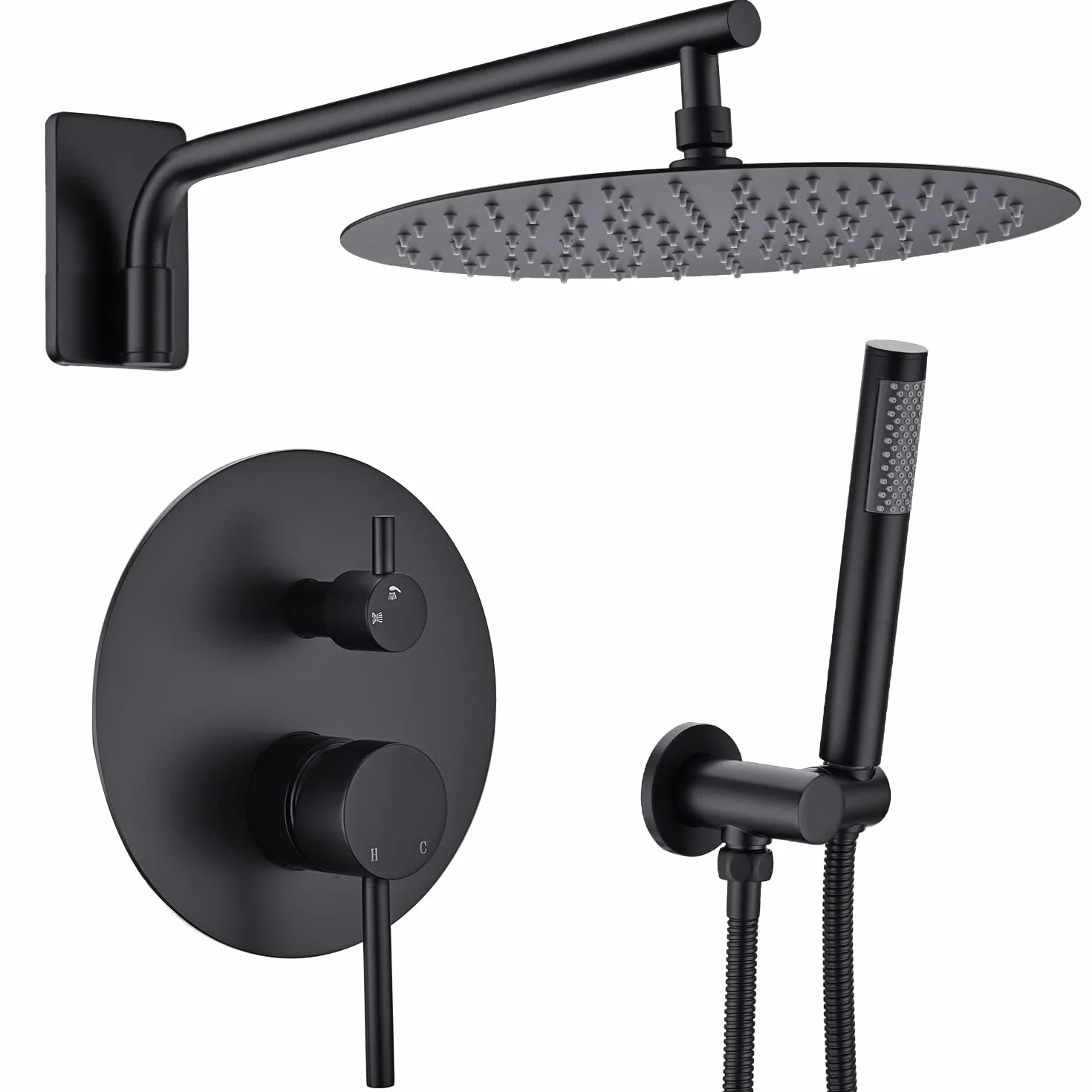 12-calowy mosiężny zestaw prysznicowy, bateria prysznicowa ścienna do łazienki z okrągłą głowicą deszczową o średnicy 30 cm i słuchawką prysznicową, mosiężny zawór mieszający wodę ciepłą i zimną, ma