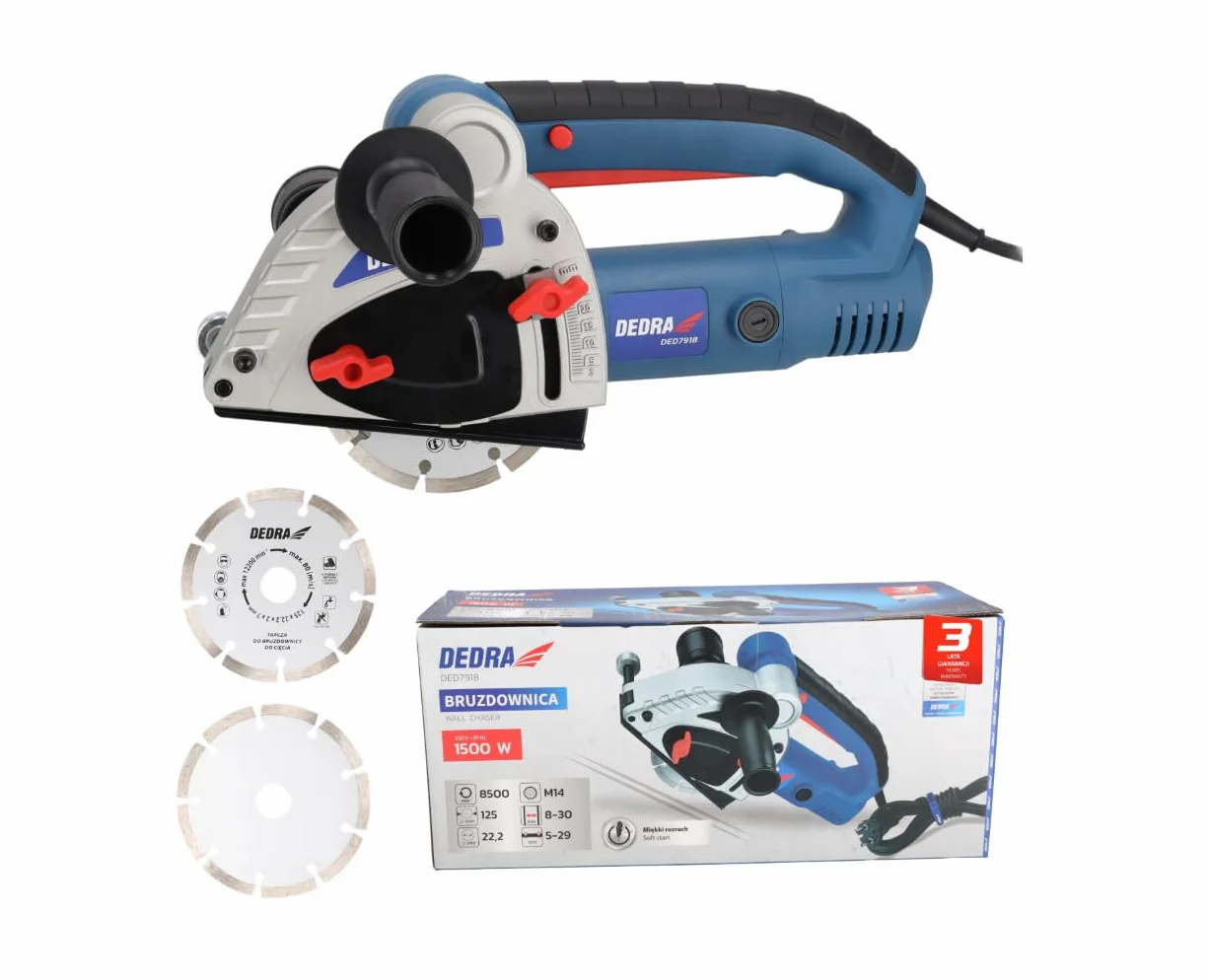 Bruzdownica 1500 W, tarcza tnąca Ø 125 mm 125 mm, DEDRA kabel 3 m, 8500 obr./min, wysoka wydajność, głębokość rowków od 8 mm do 30 mm, wzmocniona obudowa z tworzywa sztucznego