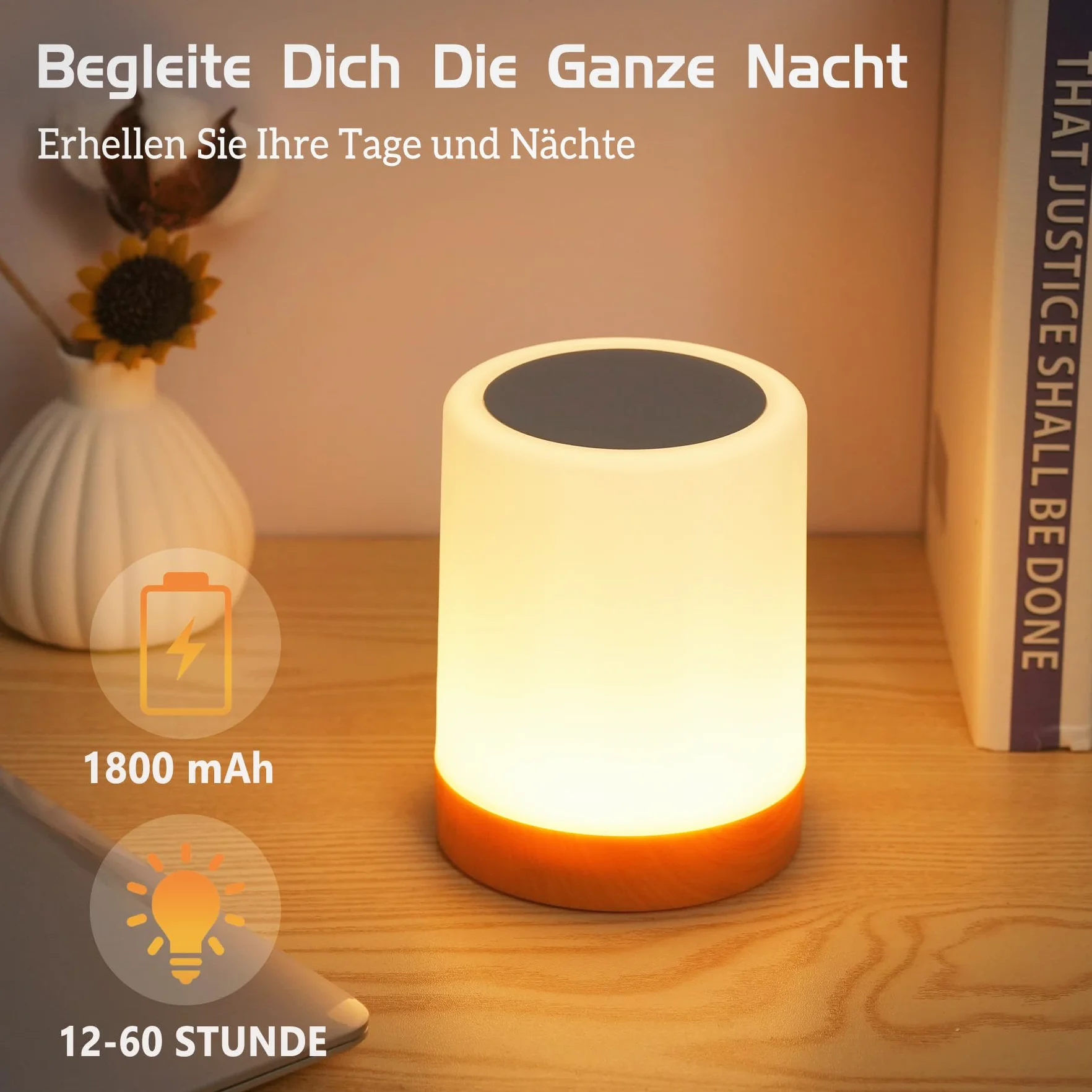 Bonsery Dotykowa ściemniana lampka nocna, bezprzewodowa lampa stołowa LED z akumulatorem USB, lampka nocna dla dzieci z zegarem i pamięcią do sypialni, łazienki, salonu