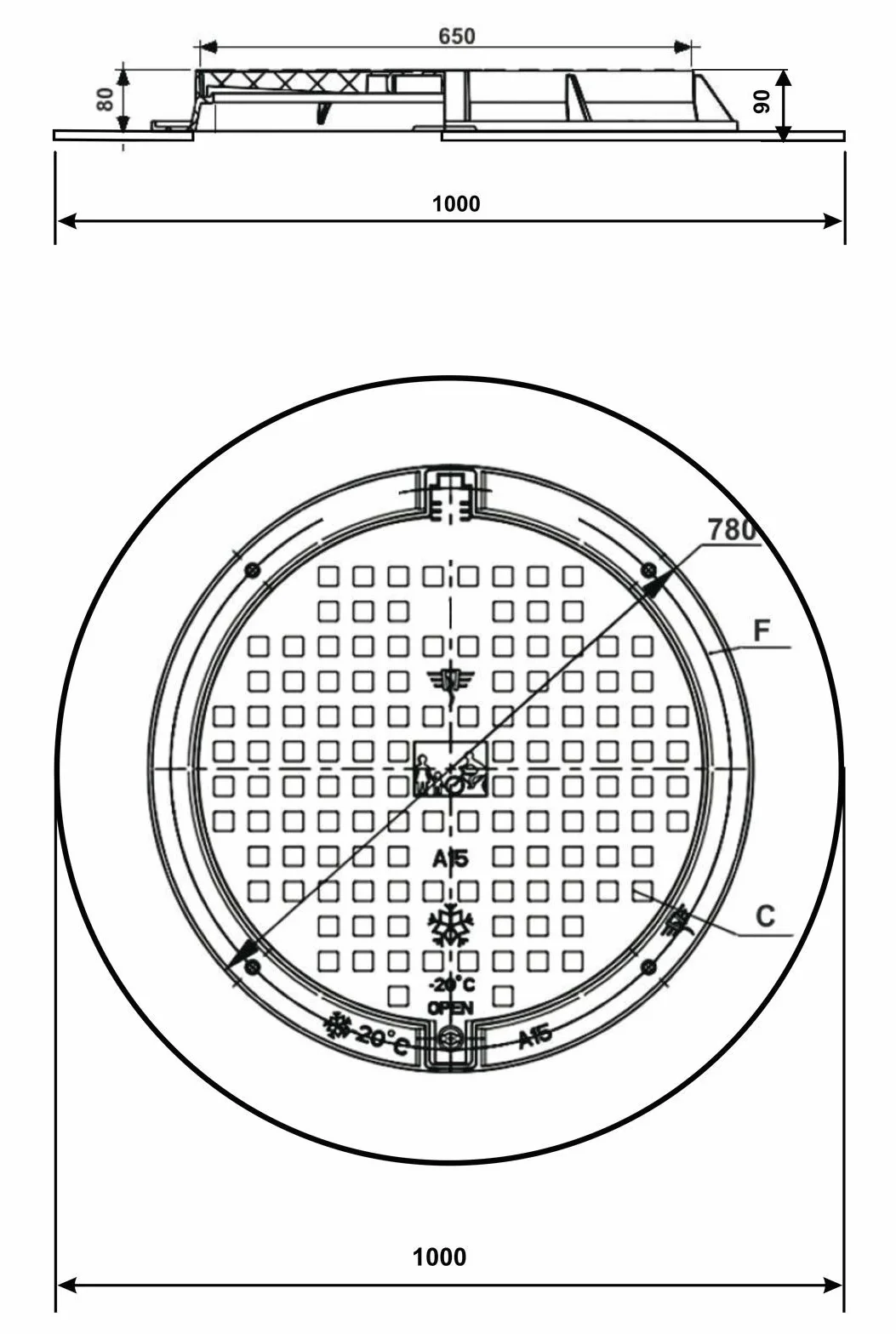 Uniwersalna pokrywa włazu z tworzywa sztucznego 1000 mm czarna