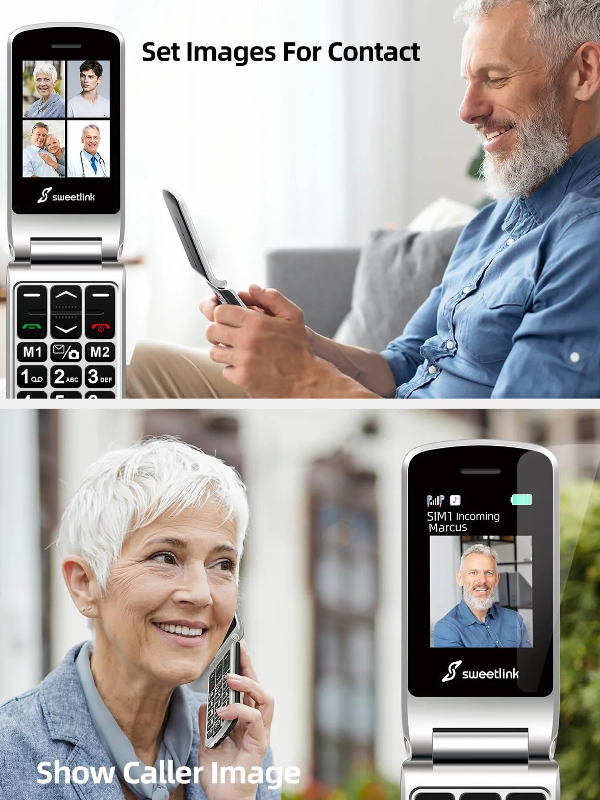 SweetLink F1 Plus Telefon komórkowy dla osób starszych, 2G gsm Telefony komórkowe z pokrywką, dużymi klawiszami i dużą głośnością, przyciskiem SOS, Kontakt Obrazowy, Bateria 1000mAh, Podwójna karta