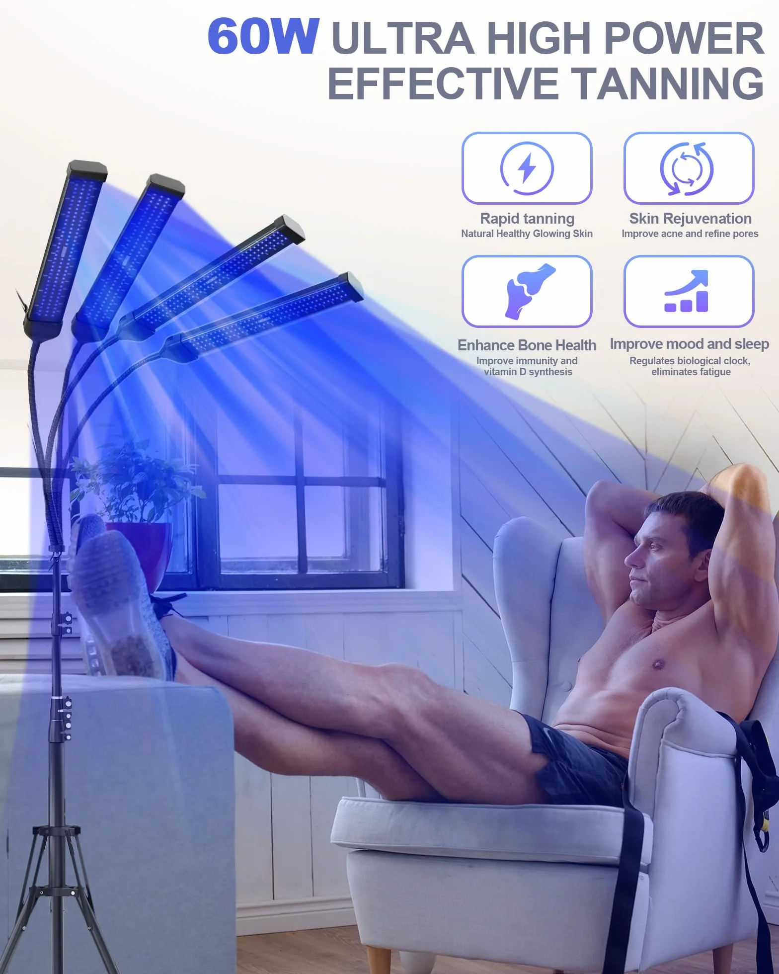 Solarium do domu, 460 NM i 490 NM lampa do opalania, 60 W, niebieskie światło, do użytku domowego, do twarzy i ciała, podwójny uchwyt, opalarka do twarzy, solarium z 432 diodami LED