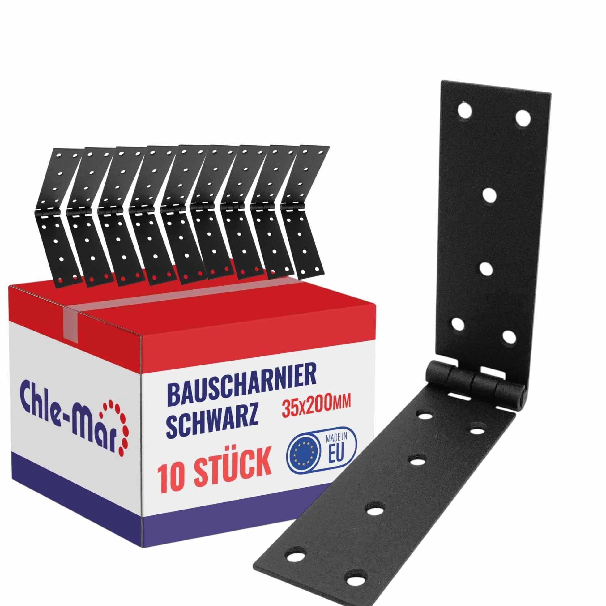 Chle-Mar – 10x Czarny zawias budowlany 35x200mm | Wytrzymały zawias drzwiowy do mebli i drzwi drewnianych | Zawias do skrzyń i szafek | Odporny na warunki atmosferyczne - do wnętrz i na zewnątrz