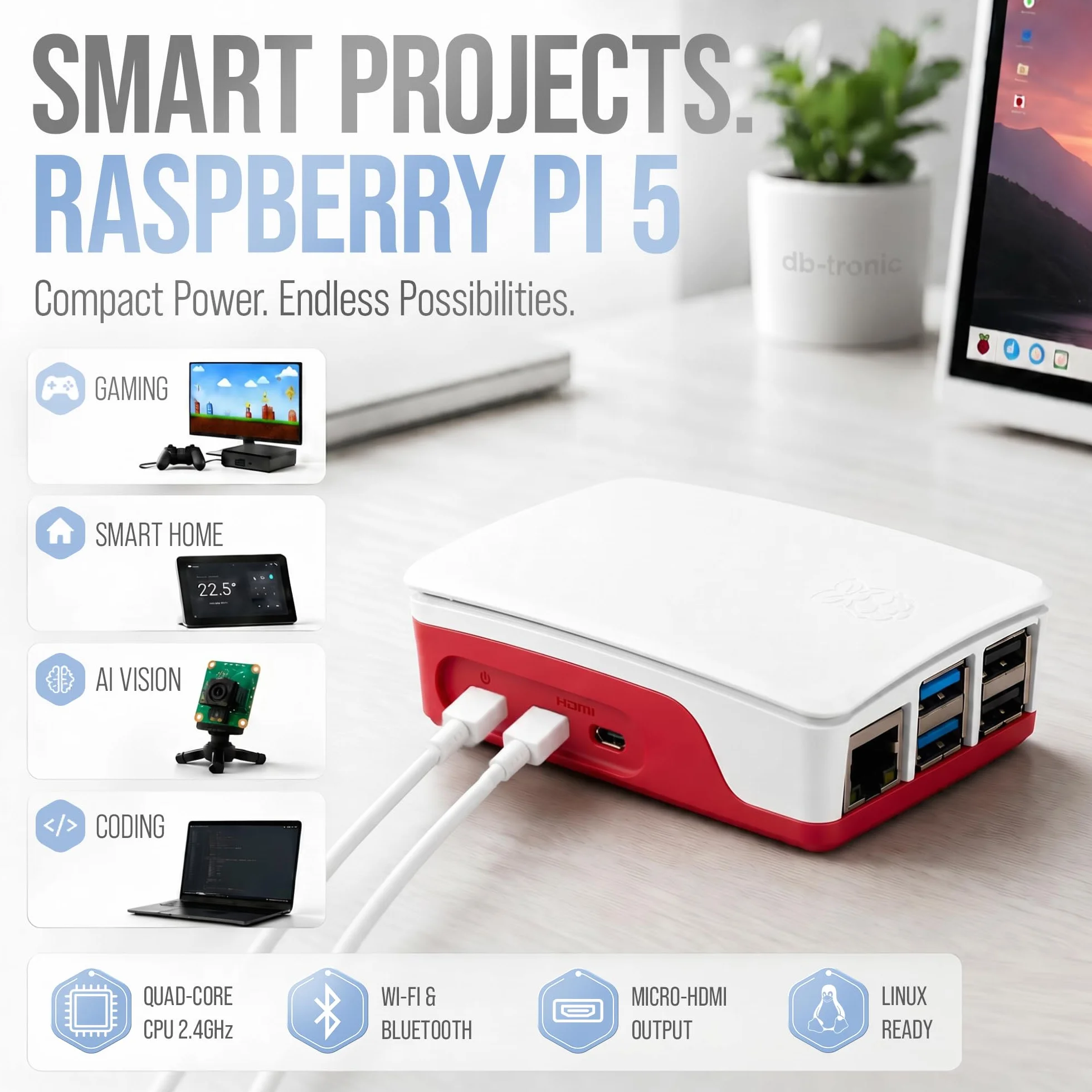 db-tronic Raspberry Pi 5 2 GB Starter Kit | Edycja 64 GB | Zasilacz 27 W | Obudowa z wentylatorem | Micro HDMI 4K | Aluminiowy radiator | idealny do Home Assistant i smart home