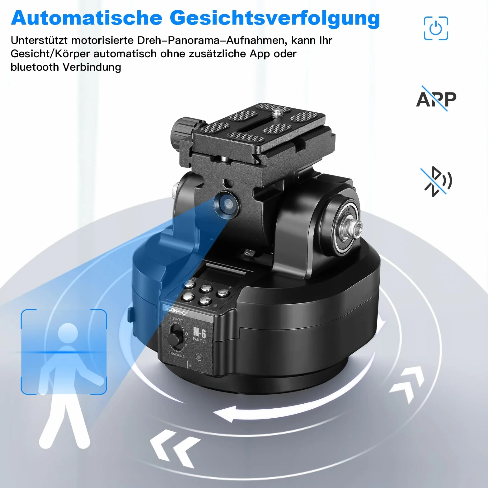 Soonpho M6 zmotoryzowana głowica statywu 360°, elektryczna, zdalna, panoramiczna z zaciskiem telefonicznym i AI Face Tracking, rozpoznawanie gestów