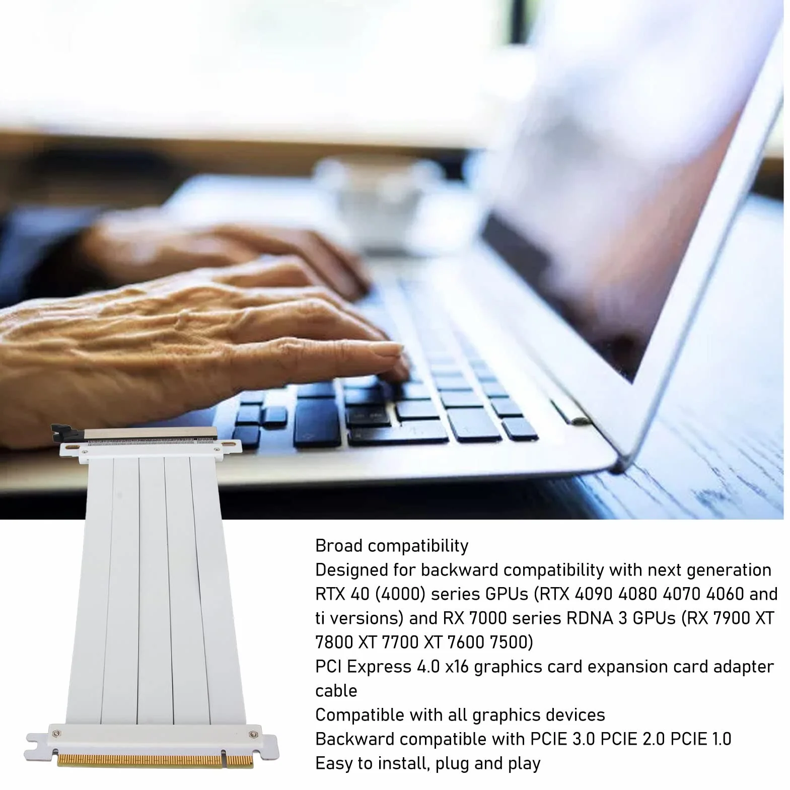Kabel pionowy PCIE 4.0 X16, elastyczny adapter pionowy GUP o dużej szybkości, wysoka jakość ekranowania, 180 stopni kabel przedłużający PCIE 4.0 do karty graficznej (biały)