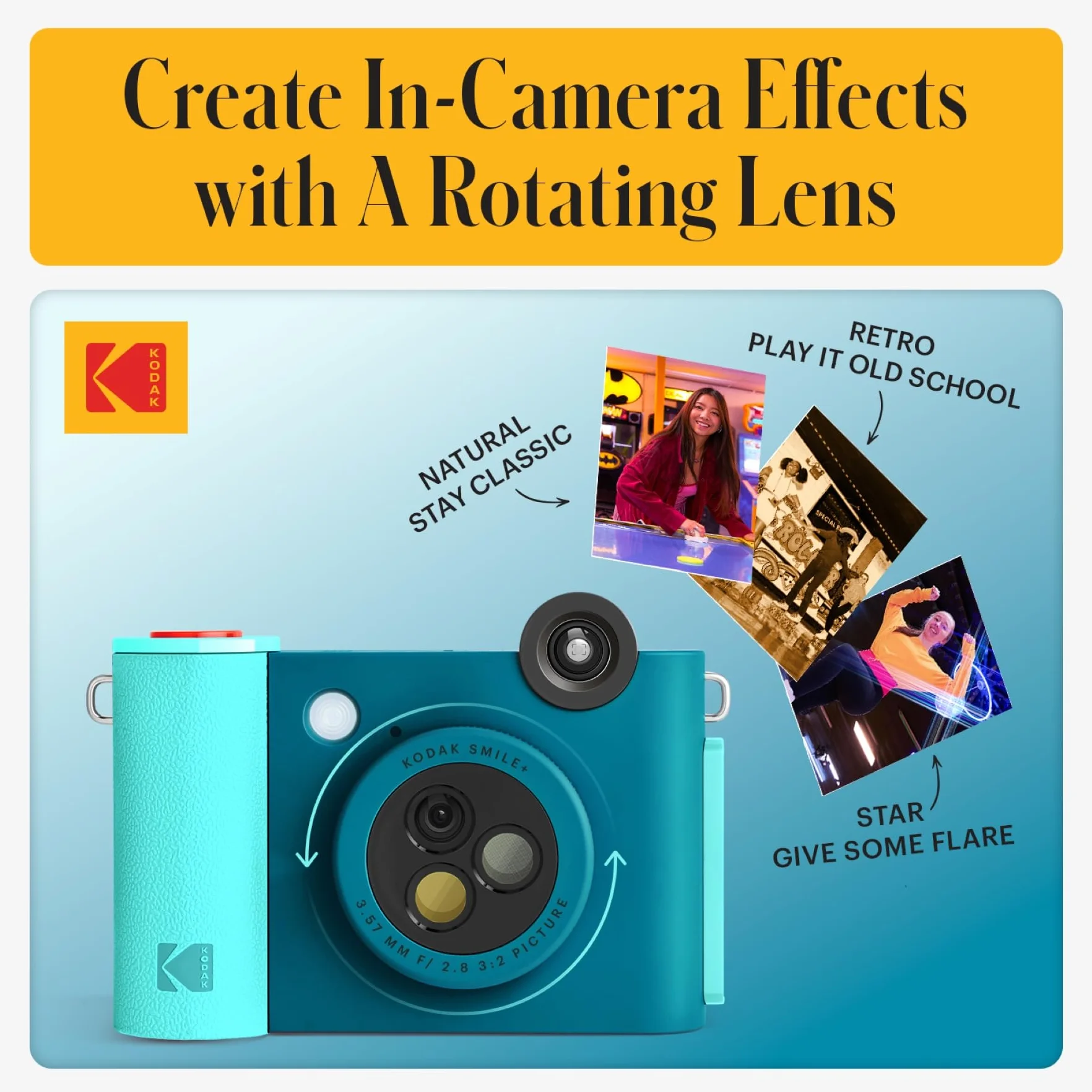 KODAK Smile+ Bezprzewodowy cyfrowy aparat do natychmiastowego druku z obiektywem zmieniającym efekt Papier fotograficzny ZINK 5 x 7,5 cm, kompatybilny z urządzeniami iOS i Android - niebieski, Blue
