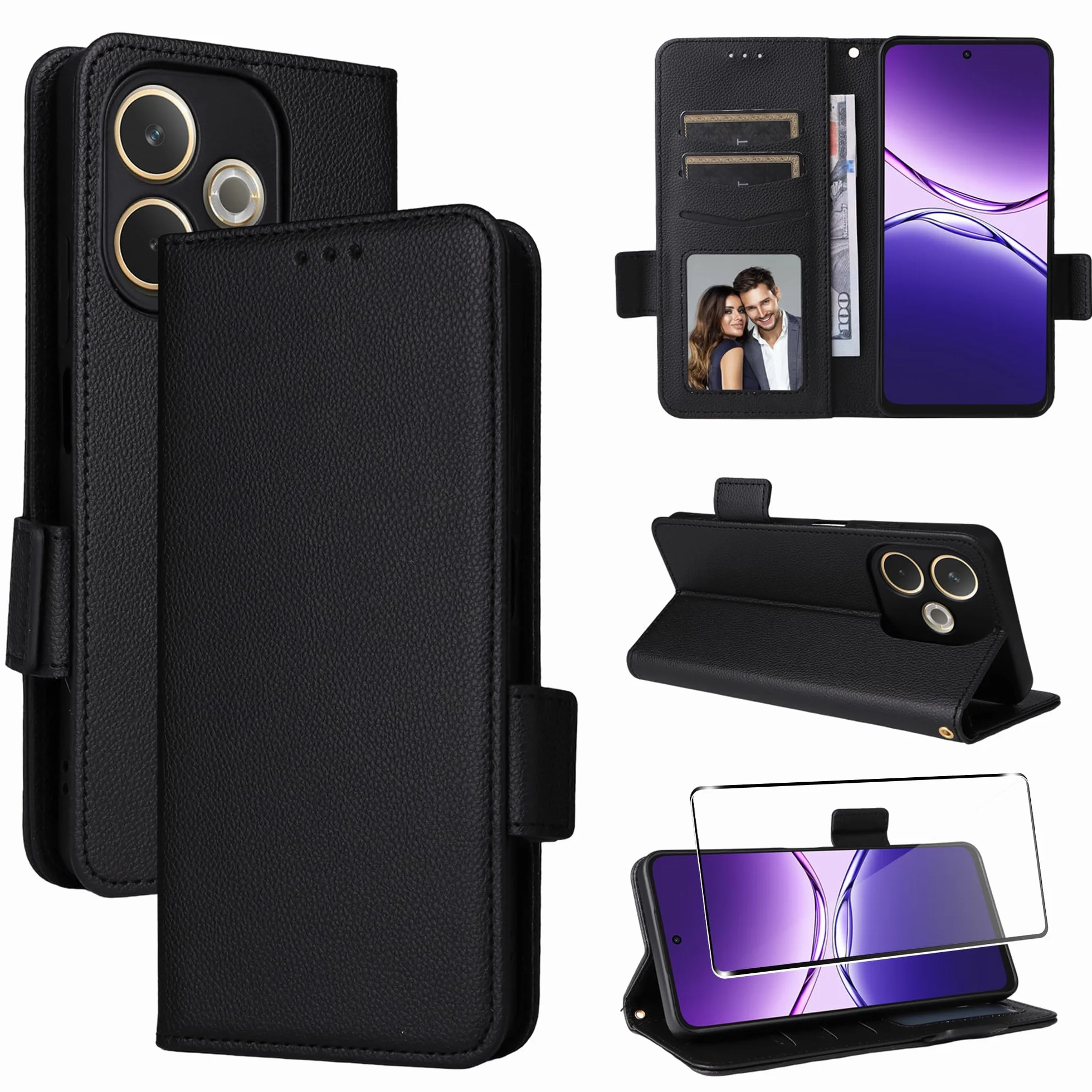 Etui Oppo A5 Pro 4G/5G z klapką, skóra poliuretanowa, szkło premium, stojak, magnes