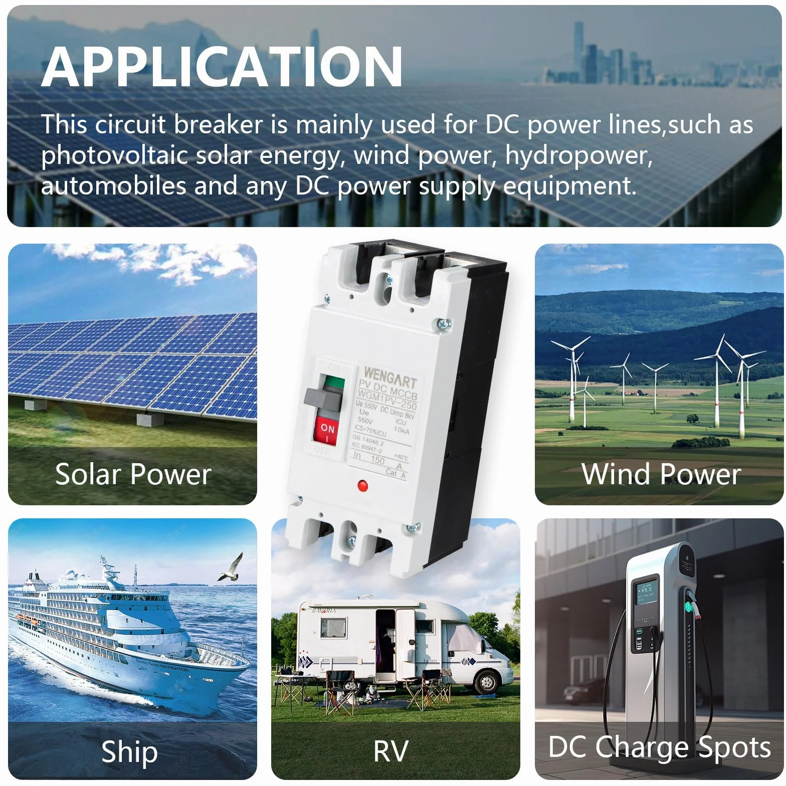 Wengart MCCB WGM1PV-250, DC550V 2P 150A solarny wyłącznik DC, poprawa bezpieczeństwa systemów fotowoltaicznych