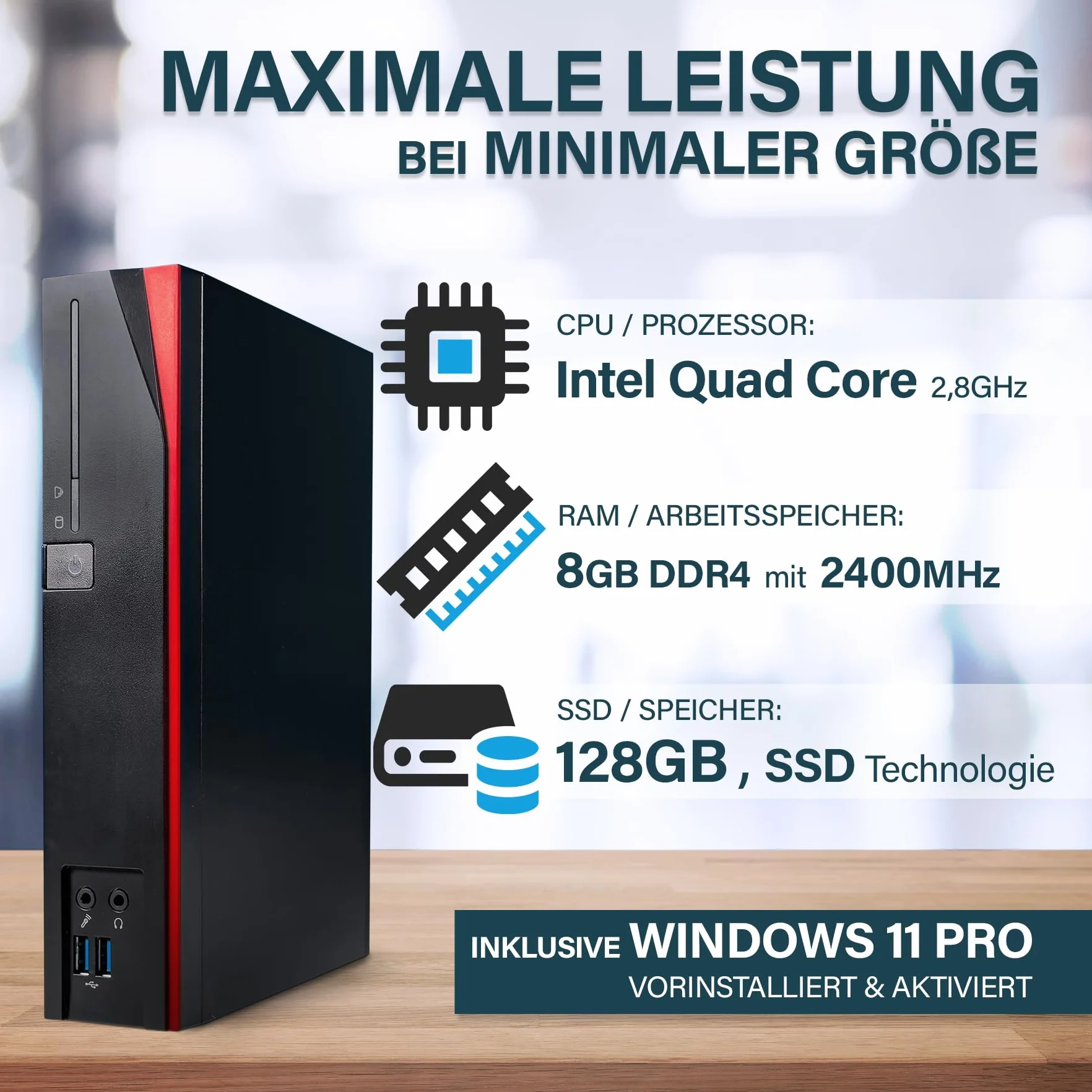 Fujitsu Mini PC Intel Quad Core 2,8 GHz 8GB DDR4 128GB SSD Windows 11 Pro