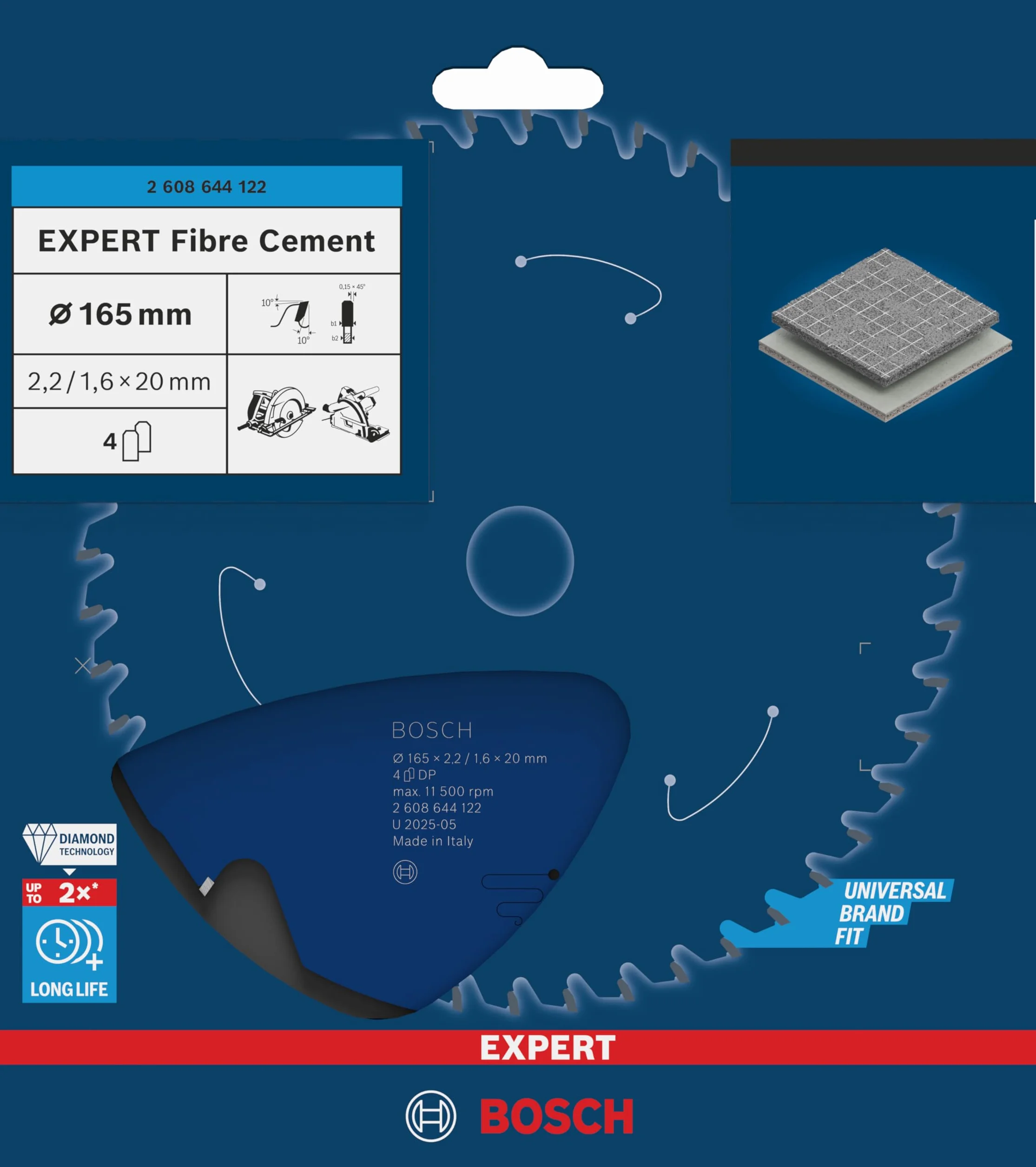 Bosch Professional 1 x brzeszczot do piły tarczowej Expert for Fiber Cement (cement włóknisty, brzeszczot Ø 165 x 20 x 2,2 mm, 4 zęby, akcesoria piła tarczowa)